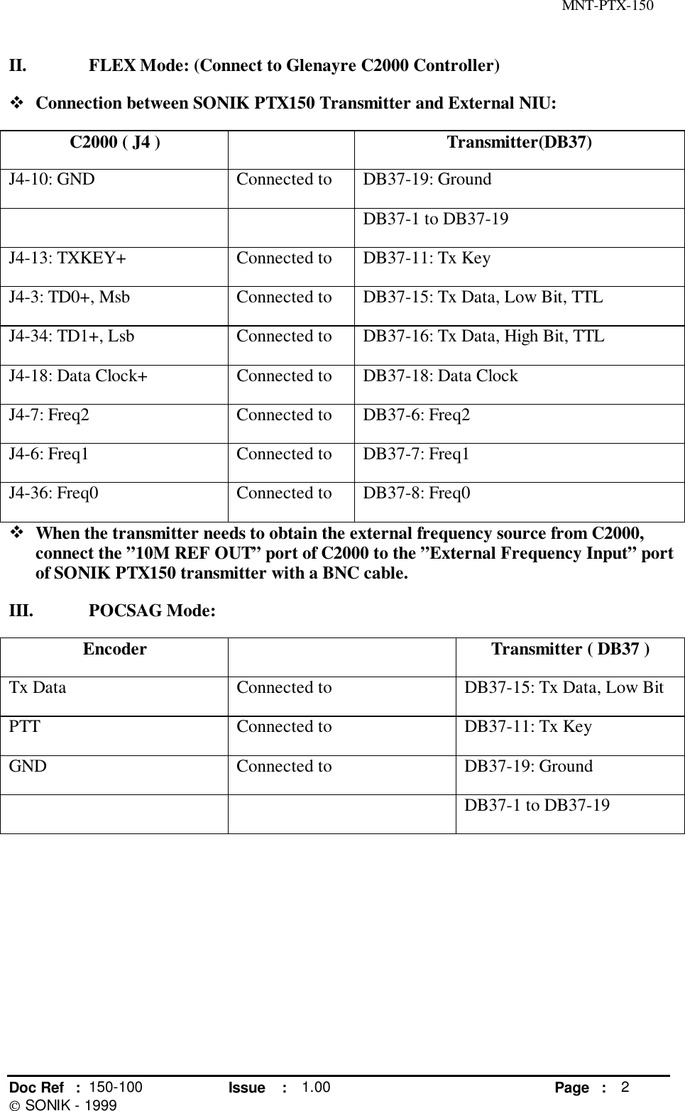 MNT-PTX-150Doc Ref : 150-100 Issue : 1.00 Page : 2 SONIK - 1999II. FLEX Mode: (Connect to Glenayre C2000 Controller)! Connection between SONIK PTX150 Transmitter and External NIU:C2000 ( J4 ) Transmitter(DB37)J4-10: GND Connected to DB37-19: GroundDB37-1 to DB37-19J4-13: TXKEY+ Connected to DB37-11: Tx KeyJ4-3: TD0+, Msb Connected to DB37-15: Tx Data, Low Bit, TTLJ4-34: TD1+, Lsb Connected to DB37-16: Tx Data, High Bit, TTLJ4-18: Data Clock+ Connected to DB37-18: Data ClockJ4-7: Freq2 Connected to DB37-6: Freq2J4-6: Freq1 Connected to DB37-7: Freq1J4-36: Freq0 Connected to DB37-8: Freq0! When the transmitter needs to obtain the external frequency source from C2000,connect the ”10M REF OUT” port of C2000 to the ”External Frequency Input” portof SONIK PTX150 transmitter with a BNC cable.III. POCSAG Mode:Encoder Transmitter ( DB37 )Tx Data Connected to DB37-15: Tx Data, Low BitPTT Connected to DB37-11: Tx KeyGND Connected to DB37-19: GroundDB37-1 to DB37-19