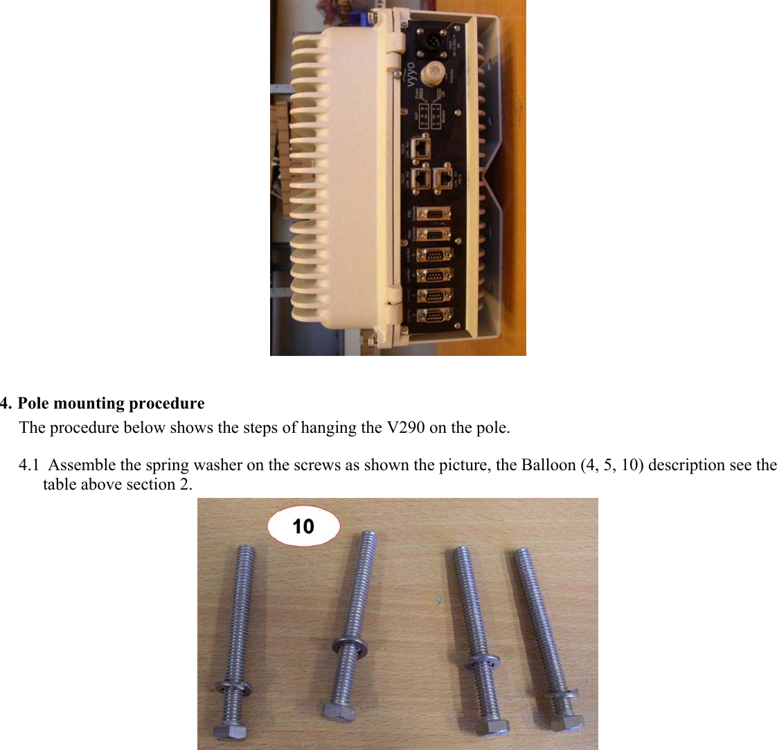   4. Pole mounting procedure The procedure below shows the steps of hanging the V290 on the pole. 4.1 Assemble the spring washer on the screws as shown the picture, the Balloon (4, 5, 10) description see the table above section 2.  