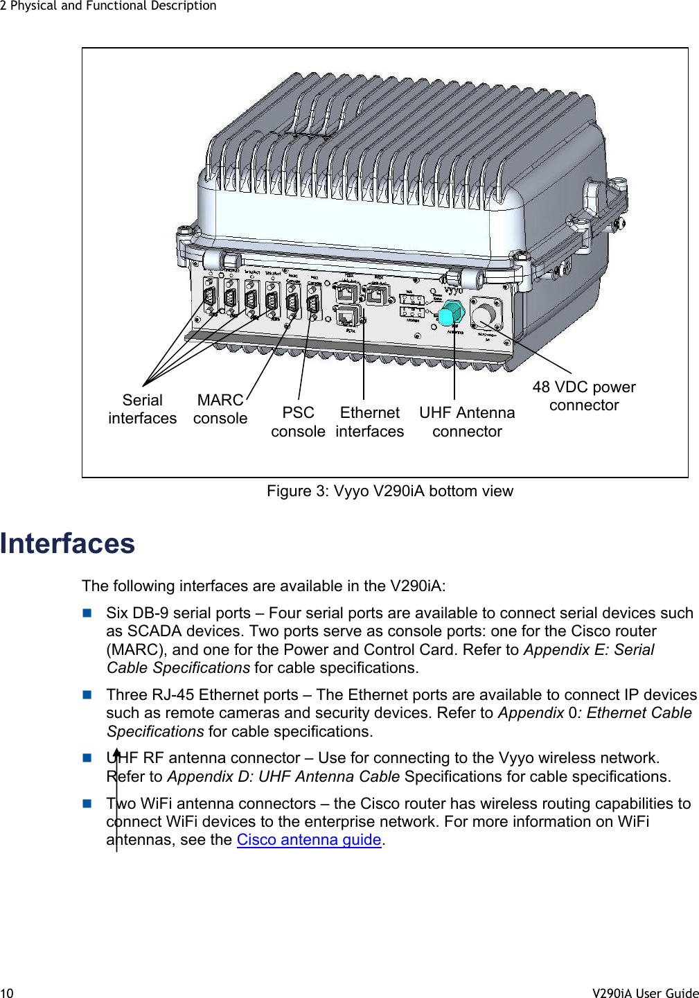 2 Physical and Functional Description 10  V290iA User Guide    Figure 3: Vyyo V290iA bottom view  Interfaces The following interfaces are available in the V290iA:  Six DB-9 serial ports – Four serial ports are available to connect serial devices such as SCADA devices. Two ports serve as console ports: one for the Cisco router (MARC), and one for the Power and Control Card. Refer to Appendix E: Serial Cable Specifications for cable specifications.  Three RJ-45 Ethernet ports – The Ethernet ports are available to connect IP devices such as remote cameras and security devices. Refer to Appendix 0: Ethernet Cable Specifications for cable specifications.  UHF RF antenna connector – Use for connecting to the Vyyo wireless network. Refer to Appendix D: UHF Antenna Cable Specifications for cable specifications.  Two WiFi antenna connectors – the Cisco router has wireless routing capabilities to connect WiFi devices to the enterprise network. For more information on WiFi antennas, see the Cisco antenna guide.  Serial interfaces MARC console  PSC console Ethernet interfaces 48 VDC power connector UHF Antenna connector 