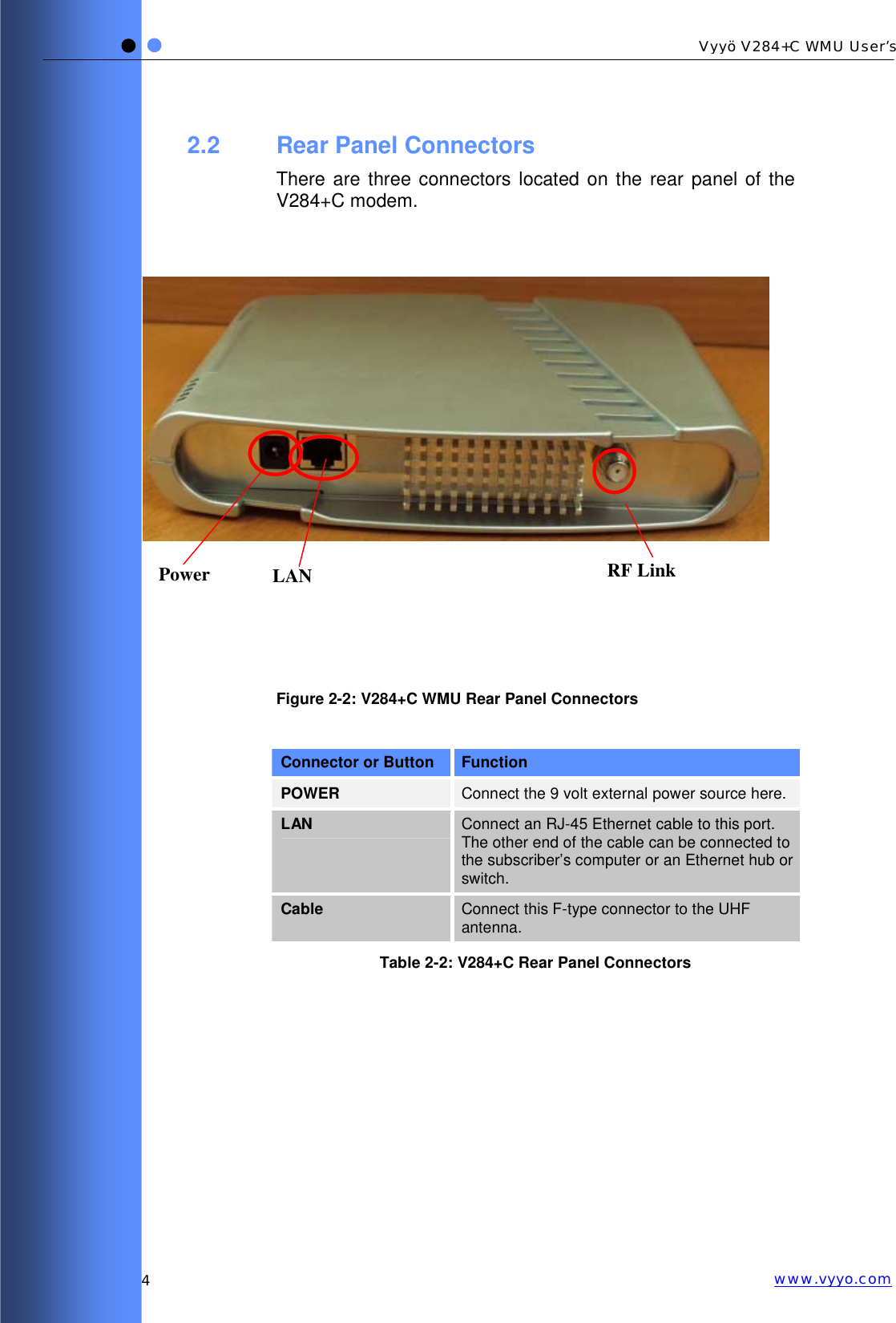   4 Vyyö V284+C WMU User’s www.vyyo.com2.2 Rear Panel Connectors There are three connectors located on the rear panel of the V284+C modem.          Figure  2-2: V284+C WMU Rear Panel Connectors  Connector or Button  Function POWER  Connect the 9 volt external power source here. LAN  Connect an RJ-45 Ethernet cable to this port.  The other end of the cable can be connected to the subscriber’s computer or an Ethernet hub or switch. Cable  Connect this F-type connector to the UHF antenna. Table  2-2: V284+C Rear Panel Connectors Power   LAN   RF Link  