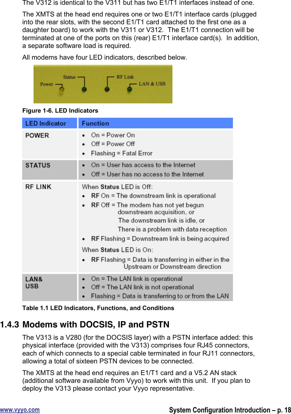 www.vyyo.comSystem Configuration Introduction – p. 18The V312 is identical to the V311 but has two E1/T1 interfaces instead of one.The XMTS at the head end requires one or two E1/T1 interface cards (pluggedinto the rear slots, with the second E1/T1 card attached to the first one as adaughter board) to work with the V311 or V312.  The E1/T1 connection will beterminated at one of the ports on this (rear) E1/T1 interface card(s).  In addition,a separate software load is required.All modems have four LED indicators, described below.Figure 1-6. LED IndicatorsTable 1.1 LED Indicators, Functions, and Conditions1.4.3 Modems with DOCSIS, IP and PSTNThe V313 is a V280 (for the DOCSIS layer) with a PSTN interface added: thisphysical interface (provided with the V313) comprises four RJ45 connectors,each of which connects to a special cable terminated in four RJ11 connectors,allowing a total of sixteen PSTN devices to be connected.The XMTS at the head end requires an E1/T1 card and a V5.2 AN stack(additional software available from Vyyo) to work with this unit.  If you plan todeploy the V313 please contact your Vyyo representative.