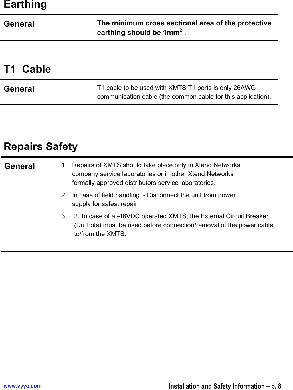 www.vyyo.comInstallation and Safety Information – p. 8EarthingGeneralThe minimum cross sectional area of the protectiveearthing should be 1mm2 .T1  CableGeneralT1 cable to be used with XMTS T1 ports is only 26AWGcommunication cable (the common cable for this application).Repairs SafetyGeneral1.  Repairs of XMTS should take place only in Xtend Networkscompany service laboratories or in other Xtend Networksformally approved distributors service laboratories.2.  In case of field handling  - Disconnect the unit from powersupply for safest repair.3. 2. In case of a -48VDC operated XMTS, the External Circuit Breaker(Du Pole) must be used before connection/removal of the power cableto/from the XMTS.