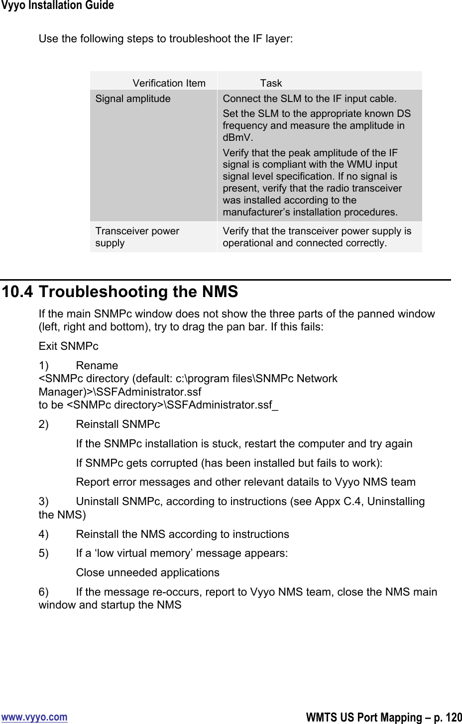 Vyyo Installation Guidewww.vyyo.comWMTS US Port Mapping – p. 120Use the following steps to troubleshoot the IF layer:Verification ItemTaskSignal amplitudeConnect the SLM to the IF input cable.Set the SLM to the appropriate known DSfrequency and measure the amplitude indBmV.Verify that the peak amplitude of the IFsignal is compliant with the WMU inputsignal level specification. If no signal ispresent, verify that the radio transceiverwas installed according to themanufacturer’s installation procedures.Transceiver powersupplyVerify that the transceiver power supply isoperational and connected correctly.10.4 Troubleshooting the NMSIf the main SNMPc window does not show the three parts of the panned window(left, right and bottom), try to drag the pan bar. If this fails:Exit SNMPc1) Rename&lt;SNMPc directory (default: c:\program files\SNMPc NetworkManager)&gt;\SSFAdministrator.ssfto be &lt;SNMPc directory&gt;\SSFAdministrator.ssf_2) Reinstall SNMPcIf the SNMPc installation is stuck, restart the computer and try againIf SNMPc gets corrupted (has been installed but fails to work):Report error messages and other relevant datails to Vyyo NMS team3) Uninstall SNMPc, according to instructions (see Appx C.4, Uninstallingthe NMS)4) Reinstall the NMS according to instructions5) If a ‘low virtual memory’ message appears:Close unneeded applications6) If the message re-occurs, report to Vyyo NMS team, close the NMS mainwindow and startup the NMS