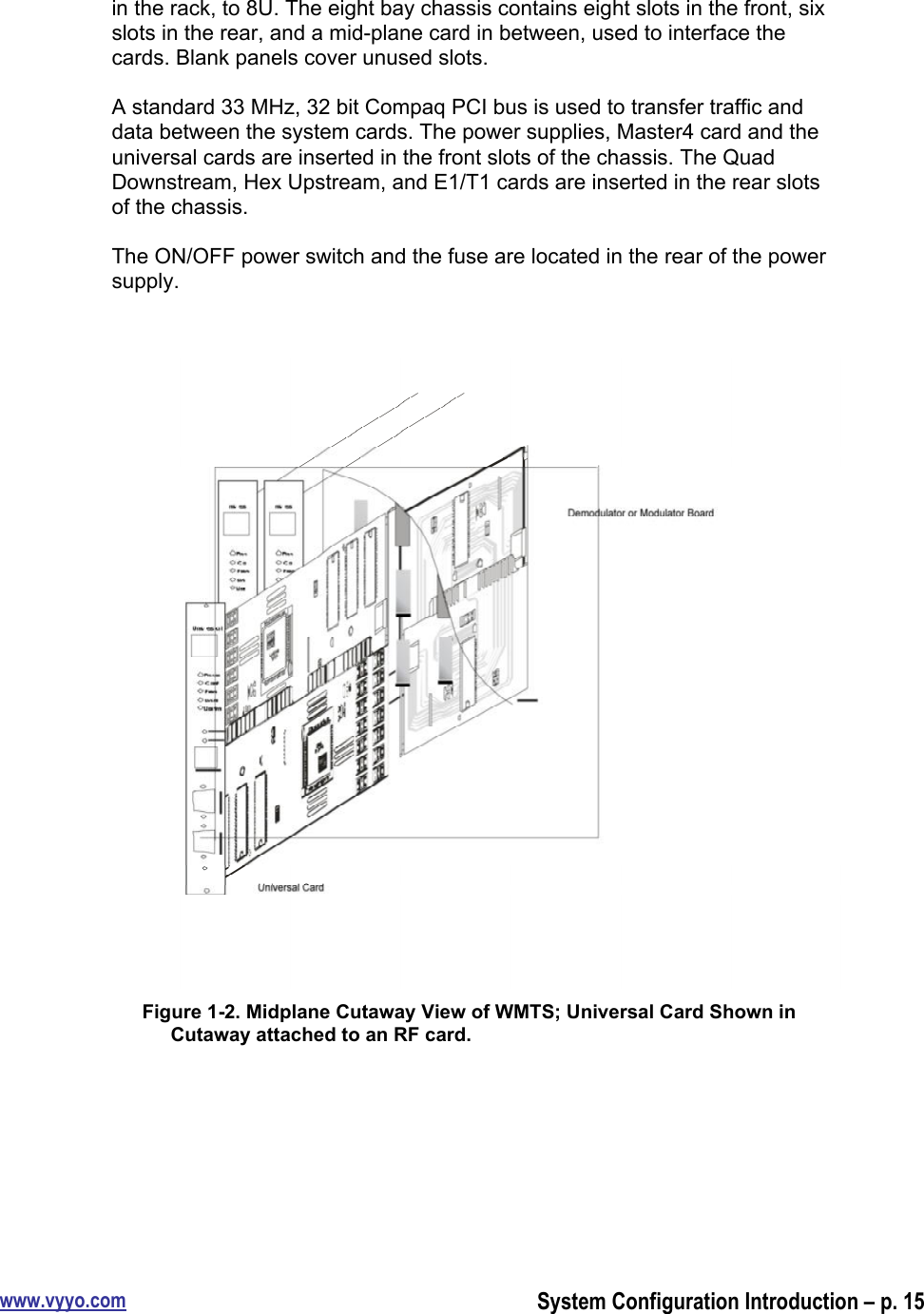 www.vyyo.comSystem Configuration Introduction – p. 15in the rack, to 8U. The eight bay chassis contains eight slots in the front, sixslots in the rear, and a mid-plane card in between, used to interface thecards. Blank panels cover unused slots.A standard 33 MHz, 32 bit Compaq PCI bus is used to transfer traffic anddata between the system cards. The power supplies, Master4 card and theuniversal cards are inserted in the front slots of the chassis. The QuadDownstream, Hex Upstream, and E1/T1 cards are inserted in the rear slotsof the chassis.The ON/OFF power switch and the fuse are located in the rear of the powersupply.Figure 1-2. Midplane Cutaway View of WMTS; Universal Card Shown inCutaway attached to an RF card.