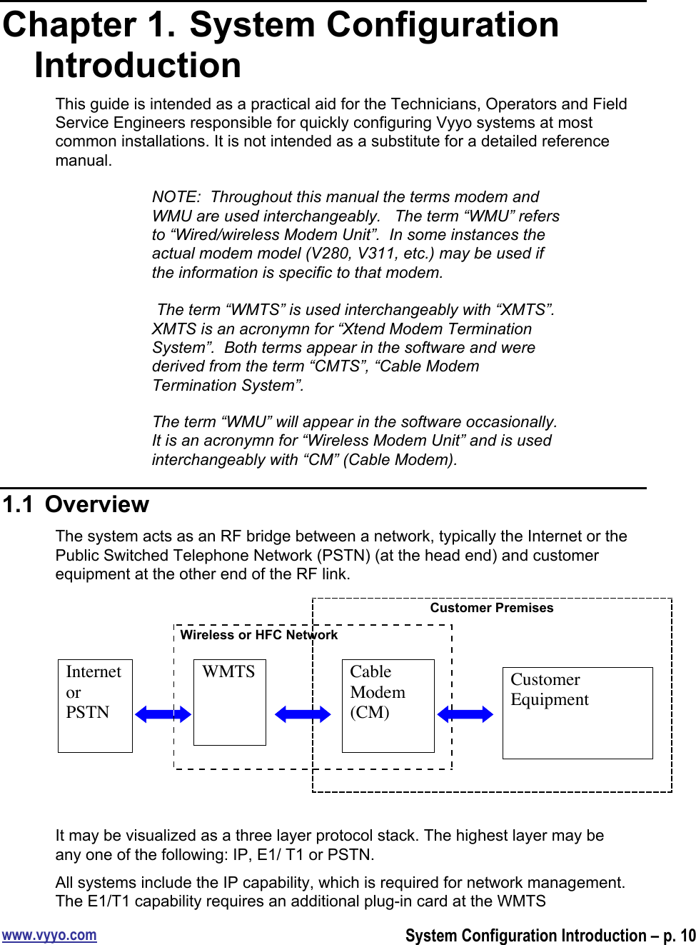 www.vyyo.comSystem Configuration Introduction – p. 10Chapter 1.  System ConfigurationIntroductionThis guide is intended as a practical aid for the Technicians, Operators and FieldService Engineers responsible for quickly configuring Vyyo systems at mostcommon installations. It is not intended as a substitute for a detailed referencemanual.NOTE:  Throughout this manual the terms modem andWMU are used interchangeably.   The term “WMU” refersto “Wired/wireless Modem Unit”.  In some instances theactual modem model (V280, V311, etc.) may be used ifthe information is specific to that modem. The term “WMTS” is used interchangeably with “XMTS”.XMTS is an acronymn for “Xtend Modem TerminationSystem”.  Both terms appear in the software and werederived from the term “CMTS”, “Cable ModemTermination System”.The term “WMU” will appear in the software occasionally.It is an acronymn for “Wireless Modem Unit” and is usedinterchangeably with “CM” (Cable Modem).1.1  OverviewThe system acts as an RF bridge between a network, typically the Internet or thePublic Switched Telephone Network (PSTN) (at the head end) and customerequipment at the other end of the RF link.It may be visualized as a three layer protocol stack. The highest layer may beany one of the following: IP, E1/ T1 or PSTN.All systems include the IP capability, which is required for network management.The E1/T1 capability requires an additional plug-in card at the WMTSInternetorPSTN Wireless or HFC NetworkCustomer PremisesWMTSCableModem(CM)CustomerEquipment