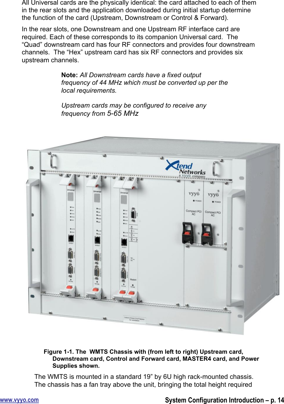 www.vyyo.comSystem Configuration Introduction – p. 14All Universal cards are the physically identical: the card attached to each of themin the rear slots and the application downloaded during initial startup determinethe function of the card (Upstream, Downstream or Control &amp; Forward).In the rear slots, one Downstream and one Upstream RF interface card arerequired. Each of these corresponds to its companion Universal card.  The“Quad” downstream card has four RF connectors and provides four downstreamchannels.  The “Hex” upstream card has six RF connectors and provides sixupstream channels.Note: All Downstream cards have a fixed outputfrequency of 44 MHz which must be converted up per thelocal requirements.Upstream cards may be configured to receive anyfrequency from 5-65 MHzFigure 1-1. The  WMTS Chassis with (from left to right) Upstream card,Downstream card, Control and Forward card, MASTER4 card, and PowerSupplies shown.The WMTS is mounted in a standard 19” by 6U high rack-mounted chassis.The chassis has a fan tray above the unit, bringing the total height required