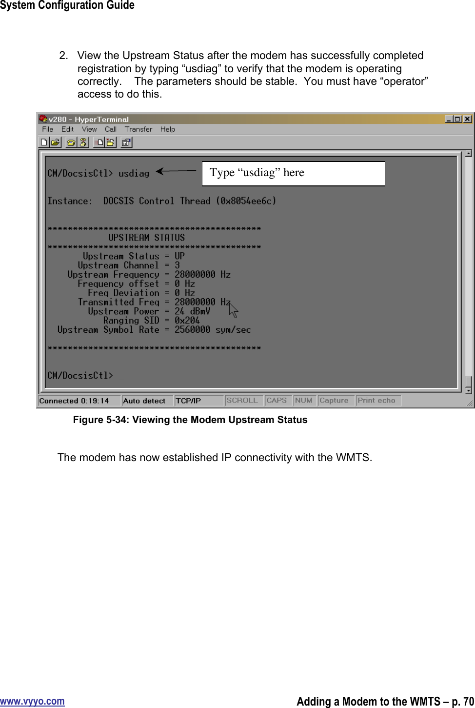 System Configuration Guidewww.vyyo.comAdding a Modem to the WMTS – p. 702.  View the Upstream Status after the modem has successfully completedregistration by typing “usdiag” to verify that the modem is operatingcorrectly.    The parameters should be stable.  You must have “operator”access to do this.Figure 5-34: Viewing the Modem Upstream StatusThe modem has now established IP connectivity with the WMTS.Type “usdiag” here