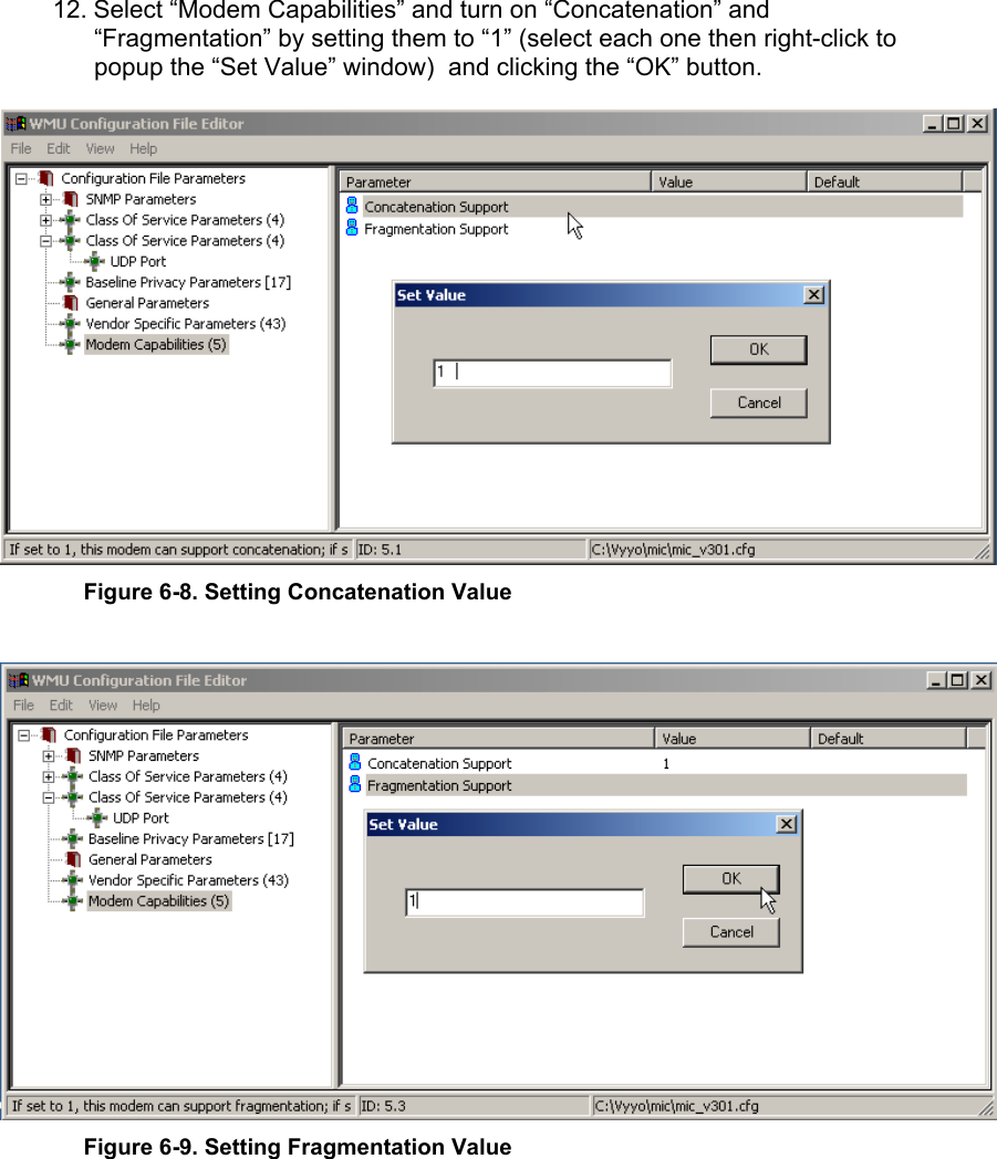 12. Select “Modem Capabilities” and turn on “Concatenation” and“Fragmentation” by setting them to “1” (select each one then right-click topopup the “Set Value” window)  and clicking the “OK” button.Figure 6-8. Setting Concatenation ValueFigure 6-9. Setting Fragmentation Value