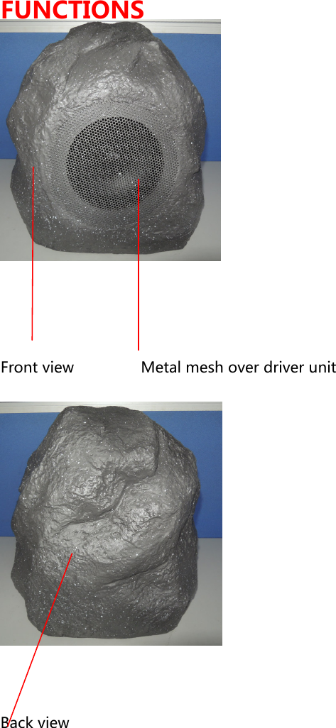FUNCTIONS   Front view                  Metal mesh over driver unit   Back view    