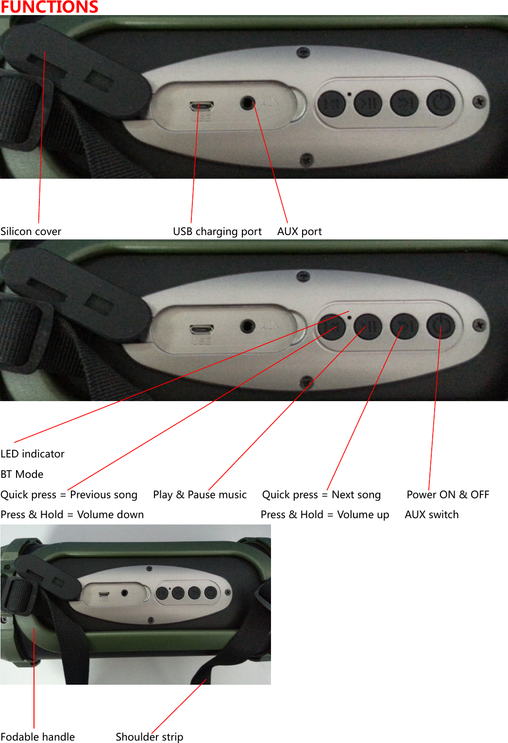 FUNCTIONS  Silicon cover                      USB charging port      AUX port  LED indicator BT Mode Quick press = Previous song      Play &amp; Pause music      Quick press = Next song          Power ON &amp; OFF Press &amp; Hold = Volume down                                              Press &amp; Hold = Volume up      AUX switch  Fodable handle                Shoulder strip 