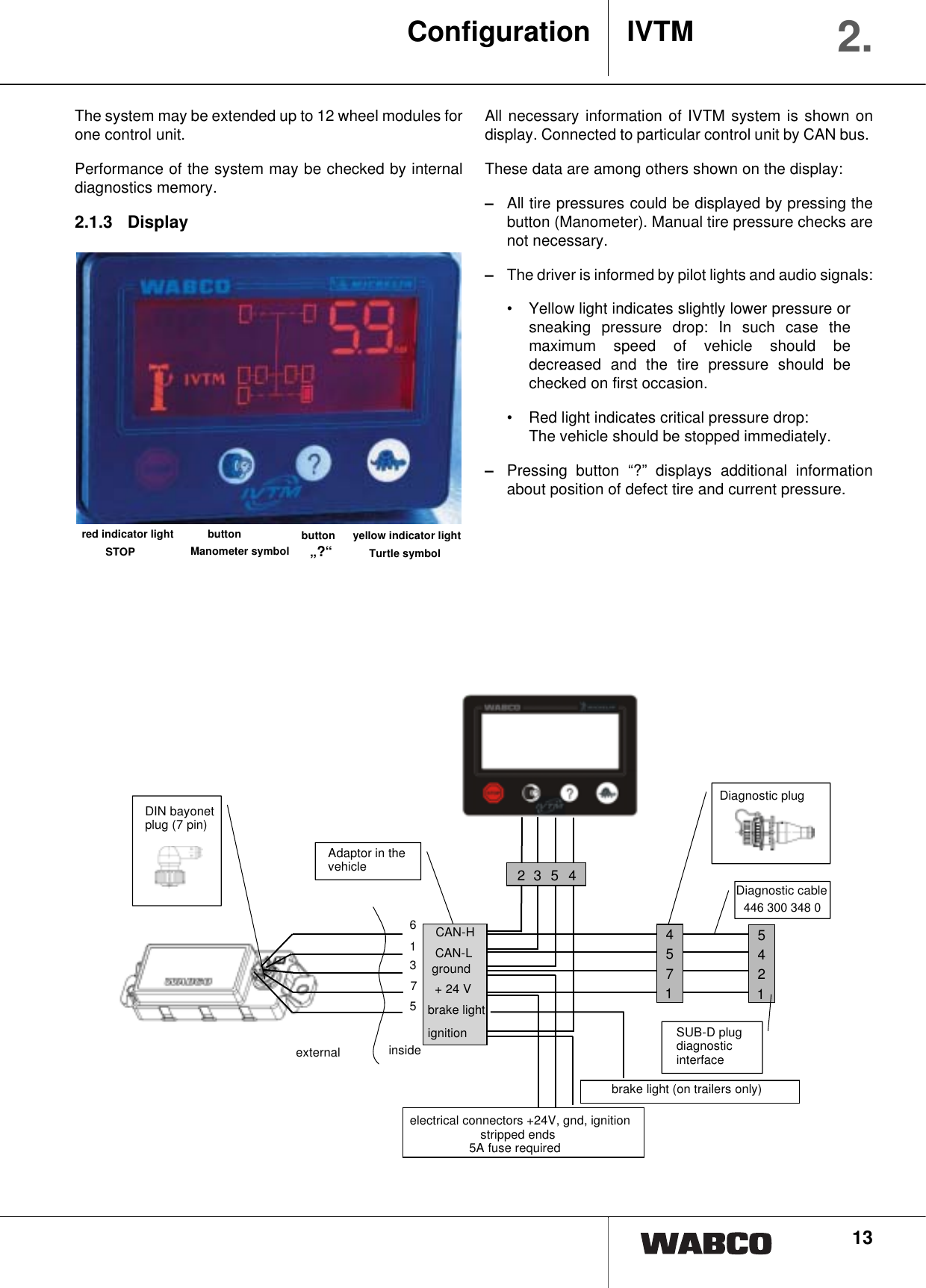 13The system may be extended up to 12 wheel modules forone control unit.Performance of the system may be checked by internaldiagnostics memory.2.1.3 DisplayAll necessary information of IVTM system is shown ondisplay. Connected to particular control unit by CAN bus. These data are among others shown on the display:&ndash;All tire pressures could be displayed by pressing thebutton (Manometer). Manual tire pressure checks arenot necessary.&ndash;The driver is informed by pilot lights and audio signals:&bull; Yellow light indicates slightly lower pressure orsneaking pressure drop: In such case themaximum speed of vehicle should bedecreased and the tire pressure should bechecked on first occasion. &bull; Red light indicates critical pressure drop: The vehicle should be stopped immediately.&ndash;Pressing button &ldquo;?&rdquo; displays additional informationabout position of defect tire and current pressure.red indicator lightSTOPbuttonManometer symbolbutton&bdquo;?&ldquo;yellow indicator lightTurtle symbolConfiguration IVTM 2.DiagnosesteckerCAN-HCAN-LMasse+24 VBremslichtZ&uuml;ndungBremslicht (nur bei Anh&auml;ngefahrzeug)au&szlig;en innen61375Zwischensteckerim FahrzeugDIN-Bajonett-Stecker(7polig)Elektr. Anschl&uuml;sse  +24 V, Masse, Z&uuml;ndungoffene Enden5A-Sicherung vorgeschrieben!4571Diagnosekabel446 300 348 05421SUB-D SteckerDiagnose-interface2354DIN bayonet plug (7 pin)Adaptor in the vehicleexternal insideCAN-HCAN-Lground+ 24 Vbrake light ignitionDiagnostic plugDiagnostic cable SUB-D plug diagnostic interfacebrake light (on trailers only)electrical connectors +24V, gnd, ignitionstripped ends5A fuse required