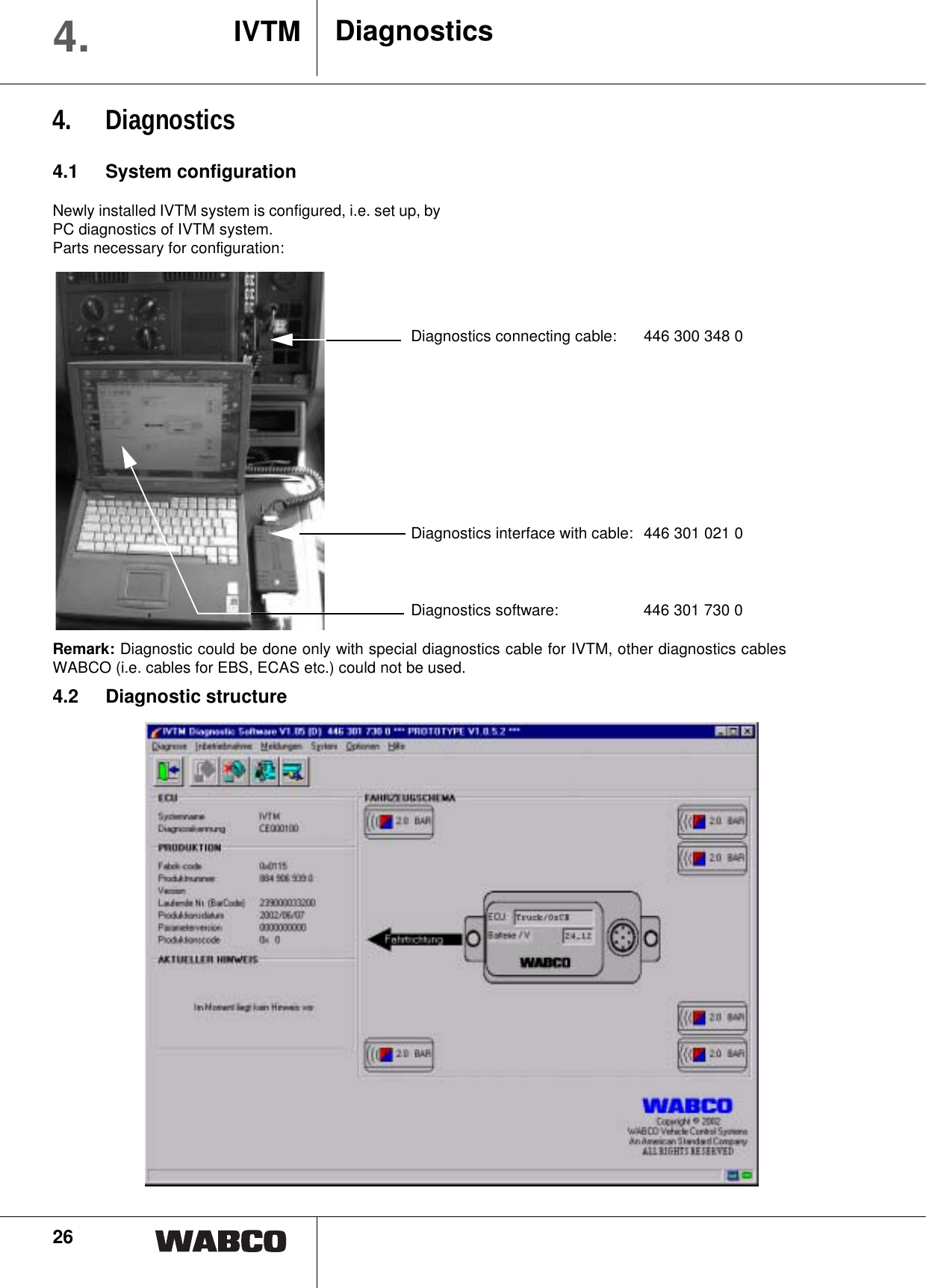 264. Diagnostics4.1 System configurationNewly installed IVTM system is configured, i.e. set up, byPC diagnostics of IVTM system.Parts necessary for configuration:DiagnosticsIVTM4.Diagnostics connecting cable: 446 300 348 0Diagnostics interface with cable: 446 301 021 0Diagnostics software: 446 301 730 0Remark: Diagnostic could be done only with special diagnostics cable for IVTM, other diagnostics cablesWABCO (i.e. cables for EBS, ECAS etc.) could not be used.4.2 Diagnostic structure