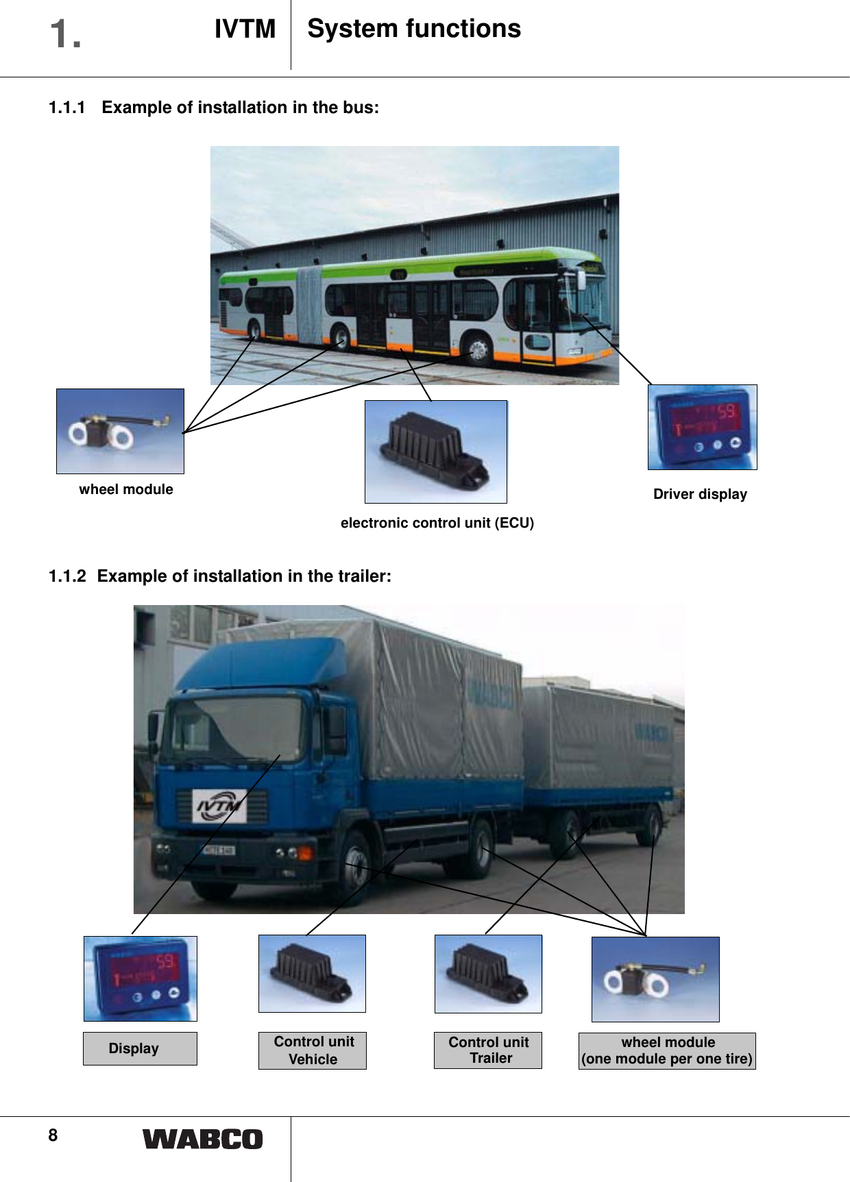 8System functionsIVTM1.1.1.1  Example of installation in the bus:1.1.2 Example of installation in the trailer:Driver displaywheel moduleelectronic control unit (ECU)Display Control unitVehicle Control unitTrailer wheel module(one module per one tire)