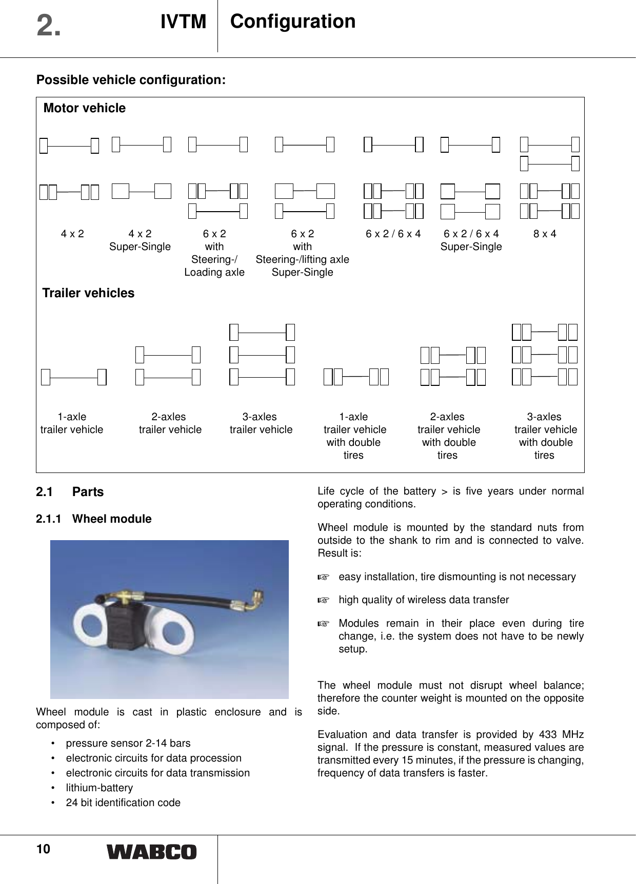 10ConfigurationIVTM2.Possible vehicle configuration:Motor vehicle4 x 2 4 x 2 6 x 2 6 x 2 6 x 2 / 6 x 4 6 x 2 / 6 x 4 8 x 4Super-Single with with Super-SingleSteering-/ Steering-/lifting axleLoading axle Super-SingleTrailer vehicles1-axle 2-axles 3-axles 1-axle 2-axles 3-axlestrailer vehicle  trailer vehicle  trailer vehicle  trailer vehicle  trailer vehicle  trailer vehiclewith double  with double  with doubletires tires tires2.1 Parts2.1.1 Wheel moduleWheel module is cast in plastic enclosure and iscomposed of: &bull; pressure sensor 2-14 bars&bull; electronic circuits for data procession&bull; electronic circuits for data transmission&bull; lithium-battery&bull; 24 bit identification code Life cycle of the battery > is five years under normaloperating conditions.Wheel module is mounted by the standard nuts fromoutside to the shank to rim and is connected to valve.Result is:+easy installation, tire dismounting is not necessary+high quality of wireless data transfer+Modules remain in their place even during tirechange, i.e. the system does not have to be newlysetup.The wheel module must not disrupt wheel balance;therefore the counter weight is mounted on the oppositeside.Evaluation and data transfer is provided by 433 MHzsignal.  If the pressure is constant, measured values aretransmitted every 15 minutes, if the pressure is changing,frequency of data transfers is faster.
