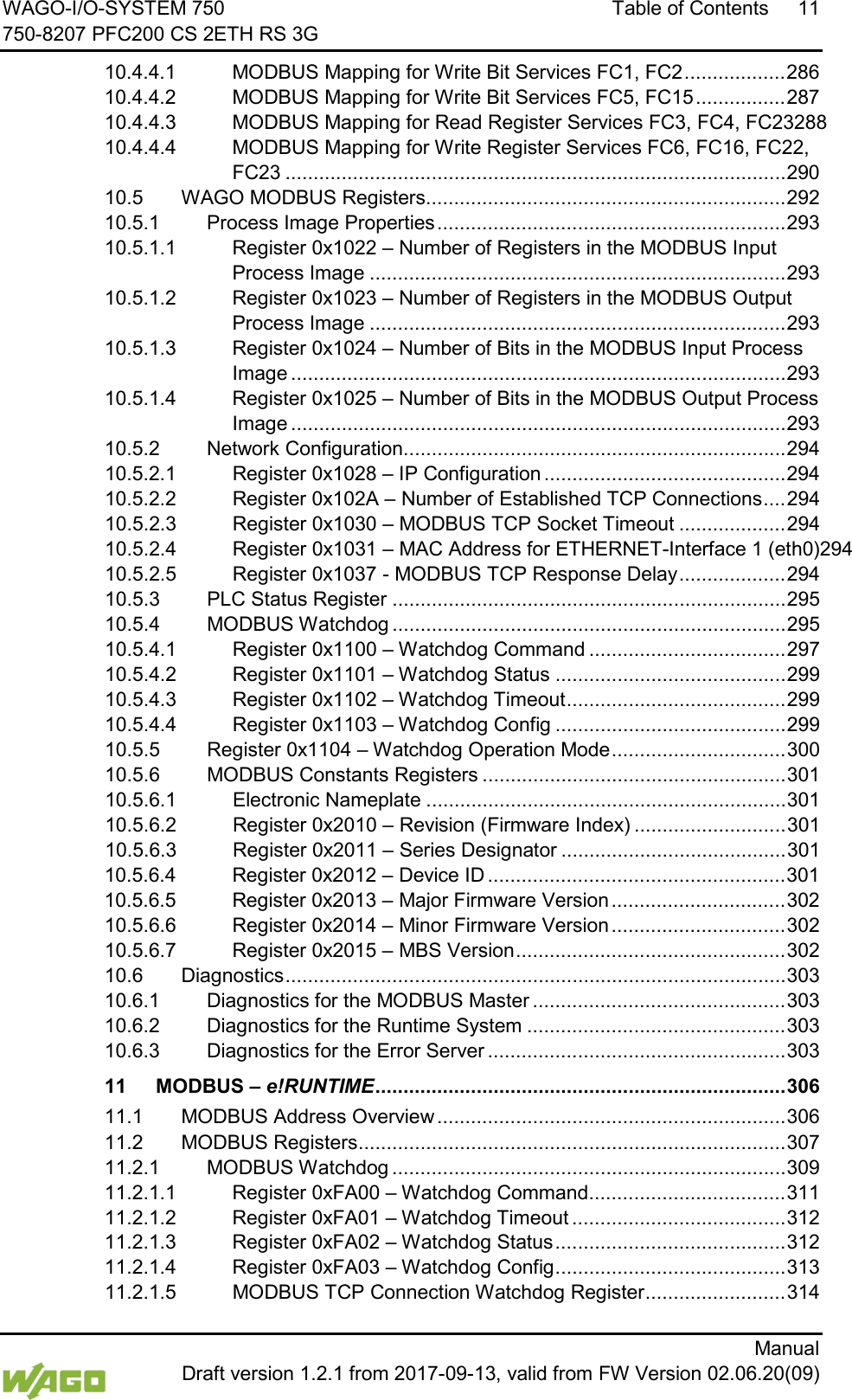 WAGO-I/O-SYSTEM 750 Table of Contents 11 750-8207 PFC200 CS 2ETH RS 3G      Manual  Draft version 1.2.1 from 2017-09-13, valid from FW Version 02.06.20(09) 10.4.4.1 MODBUS Mapping for Write Bit Services FC1, FC2 .................. 286 10.4.4.2 MODBUS Mapping for Write Bit Services FC5, FC15 ................ 287 10.4.4.3 MODBUS Mapping for Read Register Services FC3, FC4, FC23288 10.4.4.4 MODBUS Mapping for Write Register Services FC6, FC16, FC22, FC23 ......................................................................................... 290 10.5 WAGO MODBUS Registers................................................................ 292 10.5.1 Process Image Properties .............................................................. 293 10.5.1.1 Register 0x1022 &ndash; Number of Registers in the MODBUS Input Process Image .......................................................................... 293 10.5.1.2 Register 0x1023 &ndash; Number of Registers in the MODBUS Output Process Image .......................................................................... 293 10.5.1.3 Register 0x1024 &ndash; Number of Bits in the MODBUS Input Process Image ........................................................................................ 293 10.5.1.4 Register 0x1025 &ndash; Number of Bits in the MODBUS Output Process Image ........................................................................................ 293 10.5.2 Network Configuration .................................................................... 294 10.5.2.1 Register 0x1028 &ndash; IP Configuration ........................................... 294 10.5.2.2 Register 0x102A &ndash; Number of Established TCP Connections .... 294 10.5.2.3 Register 0x1030 &ndash; MODBUS TCP Socket Timeout ................... 294 10.5.2.4 Register 0x1031 &ndash; MAC Address for ETHERNET-Interface 1 (eth0)294 10.5.2.5 Register 0x1037 - MODBUS TCP Response Delay ................... 294 10.5.3 PLC Status Register ...................................................................... 295 10.5.4 MODBUS Watchdog ...................................................................... 295 10.5.4.1 Register 0x1100 &ndash; Watchdog Command ................................... 297 10.5.4.2 Register 0x1101 &ndash; Watchdog Status ......................................... 299 10.5.4.3 Register 0x1102 &ndash; Watchdog Timeout ....................................... 299 10.5.4.4 Register 0x1103 &ndash; Watchdog Config ......................................... 299 10.5.5 Register 0x1104 &ndash; Watchdog Operation Mode ............................... 300 10.5.6 MODBUS Constants Registers ...................................................... 301 10.5.6.1 Electronic Nameplate ................................................................ 301 10.5.6.2 Register 0x2010 &ndash; Revision (Firmware Index) ........................... 301 10.5.6.3 Register 0x2011 &ndash; Series Designator ........................................ 301 10.5.6.4 Register 0x2012 &ndash; Device ID ..................................................... 301 10.5.6.5 Register 0x2013 &ndash; Major Firmware Version ............................... 302 10.5.6.6 Register 0x2014 &ndash; Minor Firmware Version ............................... 302 10.5.6.7 Register 0x2015 &ndash; MBS Version ................................................ 302 10.6 Diagnostics ......................................................................................... 303 10.6.1 Diagnostics for the MODBUS Master ............................................. 303 10.6.2 Diagnostics for the Runtime System .............................................. 303 10.6.3 Diagnostics for the Error Server ..................................................... 303 11 MODBUS &ndash; e!RUNTIME ......................................................................... 306 11.1 MODBUS Address Overview .............................................................. 306 11.2 MODBUS Registers ............................................................................ 307 11.2.1 MODBUS Watchdog ...................................................................... 309 11.2.1.1 Register 0xFA00 &ndash; Watchdog Command ................................... 311 11.2.1.2 Register 0xFA01 &ndash; Watchdog Timeout ...................................... 312 11.2.1.3 Register 0xFA02 &ndash; Watchdog Status ......................................... 312 11.2.1.4 Register 0xFA03 &ndash; Watchdog Config ......................................... 313 11.2.1.5 MODBUS TCP Connection Watchdog Register ......................... 314 