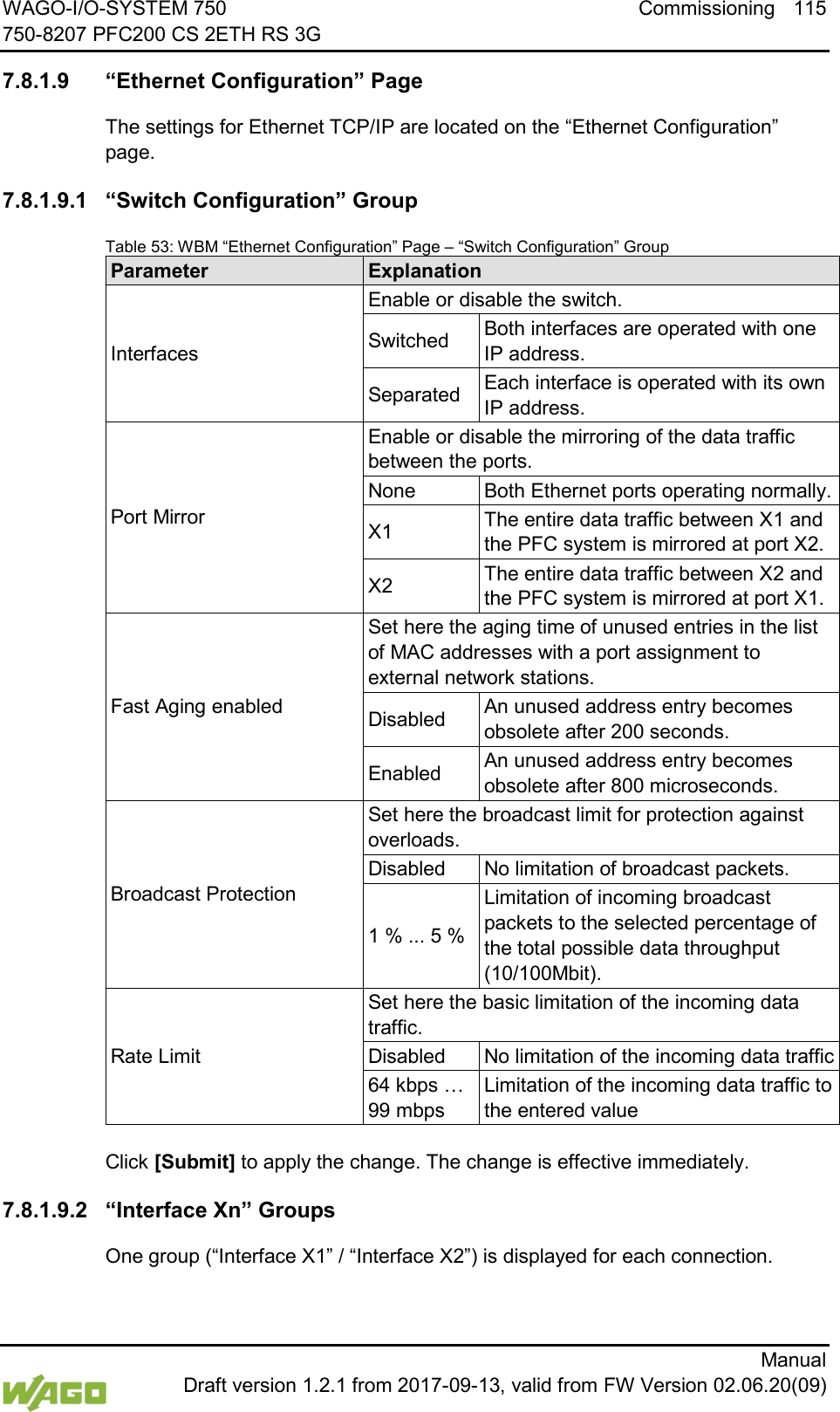 WAGO-I/O-SYSTEM 750 Commissioning 115 750-8207 PFC200 CS 2ETH RS 3G      Manual  Draft version 1.2.1 from 2017-09-13, valid from FW Version 02.06.20(09)  7.8.1.9 &ldquo;Ethernet Configuration&rdquo; Page The settings for Ethernet TCP/IP are located on the &ldquo;Ethernet Configuration&rdquo; page. 7.8.1.9.1 &ldquo;Switch Configuration&rdquo; Group Table 53: WBM &ldquo;Ethernet Configuration&rdquo; Page &ndash; &ldquo;Switch Configuration&rdquo; Group Parameter Explanation Interfaces Enable or disable the switch. Switched Both interfaces are operated with one IP address. Separated Each interface is operated with its own IP address. Port Mirror Enable or disable the mirroring of the data traffic between the ports. None Both Ethernet ports operating normally. X1 The entire data traffic between X1 and the PFC system is mirrored at port X2. X2 The entire data traffic between X2 and the PFC system is mirrored at port X1. Fast Aging enabled Set here the aging time of unused entries in the list of MAC addresses with a port assignment to external network stations. Disabled An unused address entry becomes obsolete after 200 seconds. Enabled An unused address entry becomes obsolete after 800 microseconds. Broadcast Protection Set here the broadcast limit for protection against overloads. Disabled No limitation of broadcast packets. 1 % ... 5 % Limitation of incoming broadcast packets to the selected percentage of the total possible data throughput (10/100Mbit). Rate Limit Set here the basic limitation of the incoming data traffic. Disabled No limitation of the incoming data traffic 64 kbps &hellip; 99 mbps Limitation of the incoming data traffic to the entered value  Click [Submit] to apply the change. The change is effective immediately. 7.8.1.9.2 &ldquo;Interface Xn&rdquo; Groups One group (&ldquo;Interface X1&rdquo; / &ldquo;Interface X2&rdquo;) is displayed for each connection. 