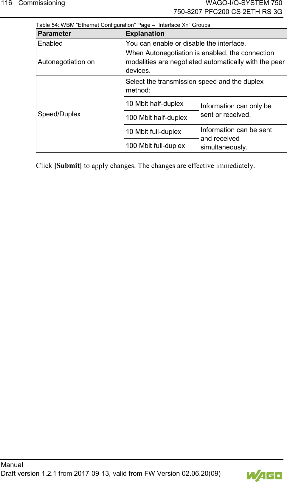 116 Commissioning WAGO-I/O-SYSTEM 750     750-8207 PFC200 CS 2ETH RS 3G Manual   Draft version 1.2.1 from 2017-09-13, valid from FW Version 02.06.20(09)   Table 54: WBM &ldquo;Ethernet Configuration&rdquo; Page &ndash; &ldquo;Interface Xn&rdquo; Groups Parameter Explanation Enabled You can enable or disable the interface. Autonegotiation on When Autonegotiation is enabled, the connection modalities are negotiated automatically with the peer devices. Speed/Duplex Select the transmission speed and the duplex method: 10 Mbit half-duplex Information can only be sent or received. 100 Mbit half-duplex 10 Mbit full-duplex Information can be sent and received simultaneously. 100 Mbit full-duplex  Click [Submit] to apply changes. The changes are effective immediately.     
