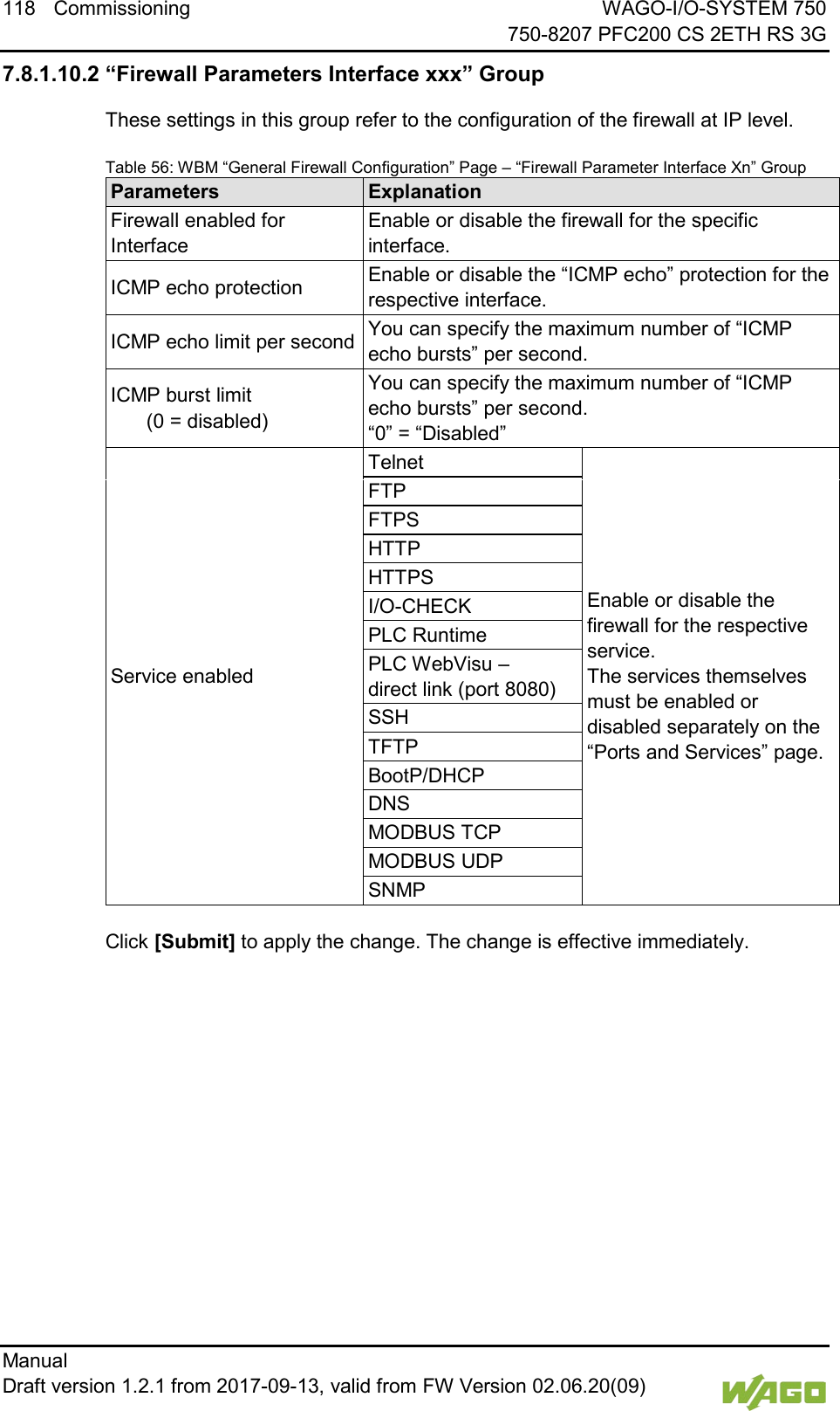 118 Commissioning WAGO-I/O-SYSTEM 750     750-8207 PFC200 CS 2ETH RS 3G Manual   Draft version 1.2.1 from 2017-09-13, valid from FW Version 02.06.20(09)   7.8.1.10.2 &ldquo;Firewall Parameters Interface xxx&rdquo; Group These settings in this group refer to the configuration of the firewall at IP level. Table 56: WBM &ldquo;General Firewall Configuration&rdquo; Page &ndash; &ldquo;Firewall Parameter Interface Xn&rdquo; Group Parameters Explanation Firewall enabled for Interface Enable or disable the firewall for the specific interface. ICMP echo protection Enable or disable the &ldquo;ICMP echo&rdquo; protection for the respective interface. ICMP echo limit per second You can specify the maximum number of &ldquo;ICMP echo bursts&rdquo; per second. ICMP burst limit  (0 = disabled) You can specify the maximum number of &ldquo;ICMP echo bursts&rdquo; per second.  &ldquo;0&rdquo; = &ldquo;Disabled&rdquo; Service enabled Telnet Enable or disable the firewall for the respective service.  The services themselves must be enabled or disabled separately on the &ldquo;Ports and Services&rdquo; page. FTP  FTPS HTTP HTTPS I/O-CHECK PLC Runtime PLC WebVisu &ndash;  direct link (port 8080) SSH TFTP BootP/DHCP DNS MODBUS TCP MODBUS UDP SNMP  Click [Submit] to apply the change. The change is effective immediately.     