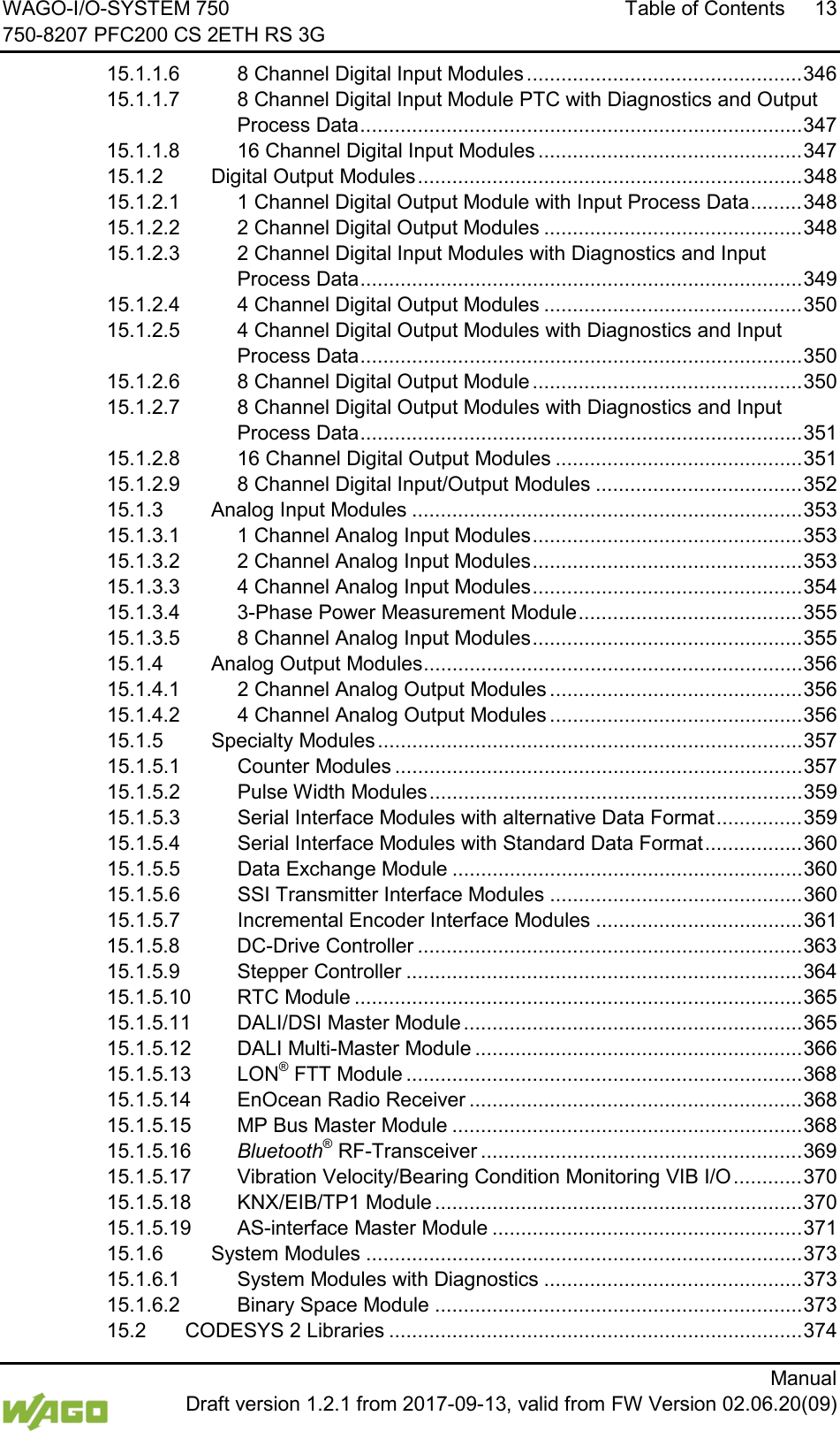 WAGO-I/O-SYSTEM 750 Table of Contents 13 750-8207 PFC200 CS 2ETH RS 3G      Manual  Draft version 1.2.1 from 2017-09-13, valid from FW Version 02.06.20(09) 15.1.1.6 8 Channel Digital Input Modules ................................................ 346 15.1.1.7 8 Channel Digital Input Module PTC with Diagnostics and Output Process Data ............................................................................. 347 15.1.1.8 16 Channel Digital Input Modules .............................................. 347 15.1.2 Digital Output Modules ................................................................... 348 15.1.2.1 1 Channel Digital Output Module with Input Process Data ......... 348 15.1.2.2 2 Channel Digital Output Modules ............................................. 348 15.1.2.3 2 Channel Digital Input Modules with Diagnostics and Input Process Data ............................................................................. 349 15.1.2.4 4 Channel Digital Output Modules ............................................. 350 15.1.2.5 4 Channel Digital Output Modules with Diagnostics and Input Process Data ............................................................................. 350 15.1.2.6 8 Channel Digital Output Module ............................................... 350 15.1.2.7 8 Channel Digital Output Modules with Diagnostics and Input Process Data ............................................................................. 351 15.1.2.8 16 Channel Digital Output Modules ........................................... 351 15.1.2.9 8 Channel Digital Input/Output Modules .................................... 352 15.1.3 Analog Input Modules .................................................................... 353 15.1.3.1 1 Channel Analog Input Modules ............................................... 353 15.1.3.2 2 Channel Analog Input Modules ............................................... 353 15.1.3.3 4 Channel Analog Input Modules ............................................... 354 15.1.3.4 3-Phase Power Measurement Module ....................................... 355 15.1.3.5 8 Channel Analog Input Modules ............................................... 355 15.1.4 Analog Output Modules .................................................................. 356 15.1.4.1 2 Channel Analog Output Modules ............................................ 356 15.1.4.2 4 Channel Analog Output Modules ............................................ 356 15.1.5 Specialty Modules .......................................................................... 357 15.1.5.1 Counter Modules ....................................................................... 357 15.1.5.2 Pulse Width Modules ................................................................. 359 15.1.5.3 Serial Interface Modules with alternative Data Format ............... 359 15.1.5.4 Serial Interface Modules with Standard Data Format ................. 360 15.1.5.5 Data Exchange Module ............................................................. 360 15.1.5.6 SSI Transmitter Interface Modules ............................................ 360 15.1.5.7 Incremental Encoder Interface Modules .................................... 361 15.1.5.8 DC-Drive Controller ................................................................... 363 15.1.5.9 Stepper Controller ..................................................................... 364 15.1.5.10 RTC Module .............................................................................. 365 15.1.5.11 DALI/DSI Master Module ........................................................... 365 15.1.5.12 DALI Multi-Master Module ......................................................... 366 15.1.5.13 LON&reg; FTT Module ..................................................................... 368 15.1.5.14 EnOcean Radio Receiver .......................................................... 368 15.1.5.15 MP Bus Master Module ............................................................. 368 15.1.5.16 Bluetooth&reg; RF-Transceiver ........................................................ 369 15.1.5.17 Vibration Velocity/Bearing Condition Monitoring VIB I/O ............ 370 15.1.5.18 KNX/EIB/TP1 Module ................................................................ 370 15.1.5.19 AS-interface Master Module ...................................................... 371 15.1.6 System Modules ............................................................................ 373 15.1.6.1 System Modules with Diagnostics ............................................. 373 15.1.6.2 Binary Space Module ................................................................ 373 15.2 CODESYS 2 Libraries ........................................................................ 374 