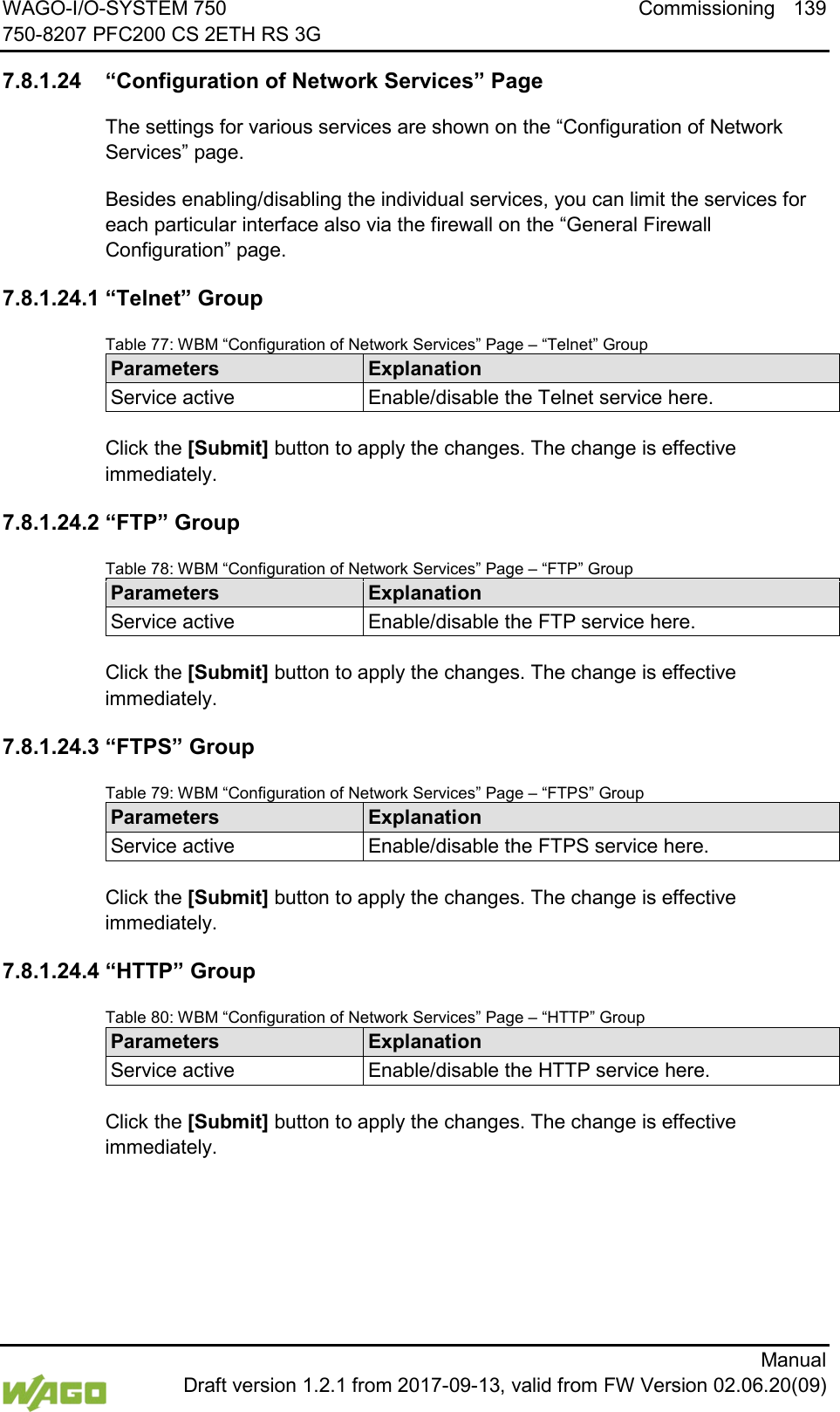 WAGO-I/O-SYSTEM 750 Commissioning 139 750-8207 PFC200 CS 2ETH RS 3G      Manual  Draft version 1.2.1 from 2017-09-13, valid from FW Version 02.06.20(09) </dg_  7.8.1.24 &ldquo;Configuration of Network Services&rdquo; Page The settings for various services are shown on the &ldquo;Configuration of Network Services&rdquo; page. Besides enabling/disabling the individual services, you can limit the services for each particular interface also via the firewall on the &ldquo;General Firewall Configuration&rdquo; page. 7.8.1.24.1 &ldquo;Telnet&rdquo; Group Table 77: WBM &ldquo;Configuration of Network Services&rdquo; Page &ndash; &ldquo;Telnet&rdquo; Group Parameters Explanation Service active Enable/disable the Telnet service here.  Click the [Submit] button to apply the changes. The change is effective immediately. 7.8.1.24.2 &ldquo;FTP&rdquo; Group Table 78: WBM &ldquo;Configuration of Network Services&rdquo; Page &ndash; &ldquo;FTP&rdquo; Group Parameters Explanation Service active Enable/disable the FTP service here.  Click the [Submit] button to apply the changes. The change is effective immediately. 7.8.1.24.3 &ldquo;FTPS&rdquo; Group Table 79: WBM &ldquo;Configuration of Network Services&rdquo; Page &ndash; &ldquo;FTPS&rdquo; Group Parameters Explanation Service active Enable/disable the FTPS service here.  Click the [Submit] button to apply the changes. The change is effective immediately. 7.8.1.24.4 &ldquo;HTTP&rdquo; Group Table 80: WBM &ldquo;Configuration of Network Services&rdquo; Page &ndash; &ldquo;HTTP&rdquo; Group Parameters Explanation Service active Enable/disable the HTTP service here.  Click the [Submit] button to apply the changes. The change is effective immediately. 