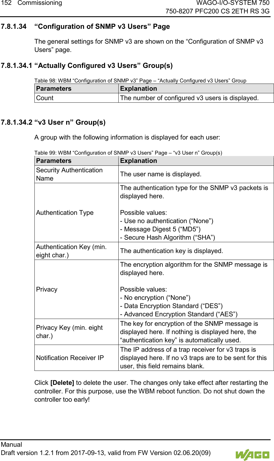 152 Commissioning WAGO-I/O-SYSTEM 750     750-8207 PFC200 CS 2ETH RS 3G Manual   Draft version 1.2.1 from 2017-09-13, valid from FW Version 02.06.20(09)   </dg_  7.8.1.34 &ldquo;Configuration of SNMP v3 Users&rdquo; Page The general settings for SNMP v3 are shown on the &ldquo;Configuration of SNMP v3 Users&rdquo; page. 7.8.1.34.1 &ldquo;Actually Configured v3 Users&rdquo; Group(s) Table 98: WBM &ldquo;Configuration of SNMP v3&rdquo; Page &ndash; &ldquo;Actually Configured v3 Users&rdquo; Group Parameters Explanation Count The number of configured v3 users is displayed.  7.8.1.34.2 &ldquo;v3 User n&rdquo; Group(s) A group with the following information is displayed for each user: Table 99: WBM &ldquo;Configuration of SNMP v3 Users&rdquo; Page &ndash; &ldquo;v3 User n&rdquo; Group(s) Parameters Explanation Security Authentication Name The user name is displayed. Authentication Type The authentication type for the SNMP v3 packets is displayed here.   Possible values:  - Use no authentication (&ldquo;None&rdquo;)  - Message Digest 5 (&ldquo;MD5&rdquo;)  - Secure Hash Algorithm (&ldquo;SHA&rdquo;) Authentication Key (min. eight char.) The authentication key is displayed. Privacy The encryption algorithm for the SNMP message is displayed here.   Possible values:  - No encryption (&ldquo;None&rdquo;)  - Data Encryption Standard (&ldquo;DES&rdquo;)  - Advanced Encryption Standard (&ldquo;AES&rdquo;) Privacy Key (min. eight char.) The key for encryption of the SNMP message is displayed here. If nothing is displayed here, the &ldquo;authentication key&rdquo; is automatically used. Notification Receiver IP The IP address of a trap receiver for v3 traps is displayed here. If no v3 traps are to be sent for this user, this field remains blank.  Click [Delete] to delete the user. The changes only take effect after restarting the controller. For this purpose, use the WBM reboot function. Do not shut down the controller too early!    