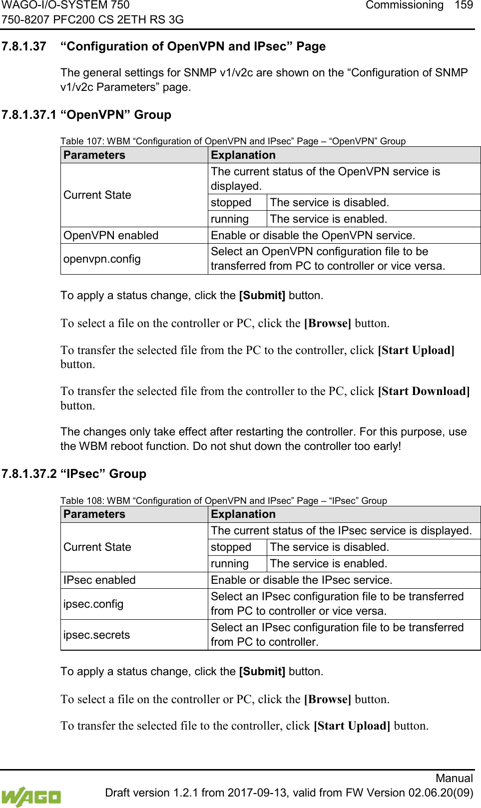 WAGO-I/O-SYSTEM 750 Commissioning 159 750-8207 PFC200 CS 2ETH RS 3G      Manual  Draft version 1.2.1 from 2017-09-13, valid from FW Version 02.06.20(09)  7.8.1.37 &ldquo;Configuration of OpenVPN and IPsec&rdquo; Page The general settings for SNMP v1/v2c are shown on the &ldquo;Configuration of SNMP v1/v2c Parameters&rdquo; page. 7.8.1.37.1 &ldquo;OpenVPN&rdquo; Group Table 107: WBM &ldquo;Configuration of OpenVPN and IPsec&rdquo; Page &ndash; &ldquo;OpenVPN&rdquo; Group Parameters Explanation Current State The current status of the OpenVPN service is displayed. stopped The service is disabled. running The service is enabled. OpenVPN enabled Enable or disable the OpenVPN service. openvpn.config Select an OpenVPN configuration file to be transferred from PC to controller or vice versa.  To apply a status change, click the [Submit] button. To select a file on the controller or PC, click the [Browse] button. To transfer the selected file from the PC to the controller, click [Start Upload] button. To transfer the selected file from the controller to the PC, click [Start Download] button. The changes only take effect after restarting the controller. For this purpose, use the WBM reboot function. Do not shut down the controller too early! 7.8.1.37.2 &ldquo;IPsec&rdquo; Group Table 108: WBM &ldquo;Configuration of OpenVPN and IPsec&rdquo; Page &ndash; &ldquo;IPsec&rdquo; Group Parameters Explanation Current State The current status of the IPsec service is displayed. stopped The service is disabled. running The service is enabled. IPsec enabled Enable or disable the IPsec service. ipsec.config Select an IPsec configuration file to be transferred from PC to controller or vice versa. ipsec.secrets Select an IPsec configuration file to be transferred from PC to controller.  To apply a status change, click the [Submit] button. To select a file on the controller or PC, click the [Browse] button. To transfer the selected file to the controller, click [Start Upload] button. 