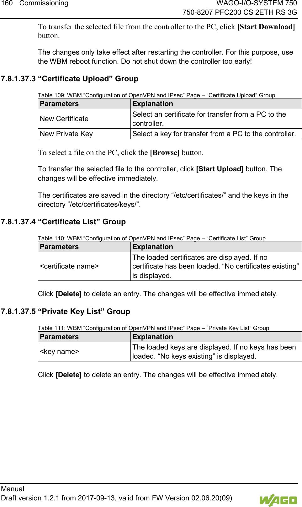 160 Commissioning WAGO-I/O-SYSTEM 750     750-8207 PFC200 CS 2ETH RS 3G Manual   Draft version 1.2.1 from 2017-09-13, valid from FW Version 02.06.20(09)   To transfer the selected file from the controller to the PC, click [Start Download] button. The changes only take effect after restarting the controller. For this purpose, use the WBM reboot function. Do not shut down the controller too early! 7.8.1.37.3 &ldquo;Certificate Upload&rdquo; Group Table 109: WBM &ldquo;Configuration of OpenVPN and IPsec&rdquo; Page &ndash; &ldquo;Certificate Upload&rdquo; Group Parameters Explanation New Certificate Select an certificate for transfer from a PC to the controller. New Private Key Select a key for transfer from a PC to the controller.  To select a file on the PC, click the [Browse] button. To transfer the selected file to the controller, click [Start Upload] button. The changes will be effective immediately.  The certificates are saved in the directory &ldquo;/etc/certificates/&rdquo; and the keys in the directory &ldquo;/etc/certificates/keys/&rdquo;. 7.8.1.37.4 &ldquo;Certificate List&rdquo; Group Table 110: WBM &ldquo;Configuration of OpenVPN and IPsec&rdquo; Page &ndash; &ldquo;Certificate List&rdquo; Group Parameters Explanation <certificate name> The loaded certificates are displayed. If no certificate has been loaded. &ldquo;No certificates existing&rdquo; is displayed.  Click [Delete] to delete an entry. The changes will be effective immediately.  7.8.1.37.5 &ldquo;Private Key List&rdquo; Group Table 111: WBM &ldquo;Configuration of OpenVPN and IPsec&rdquo; Page &ndash; &ldquo;Private Key List&rdquo; Group Parameters Explanation <key name> The loaded keys are displayed. If no keys has been loaded. &ldquo;No keys existing&rdquo; is displayed.  Click [Delete] to delete an entry. The changes will be effective immediately.      