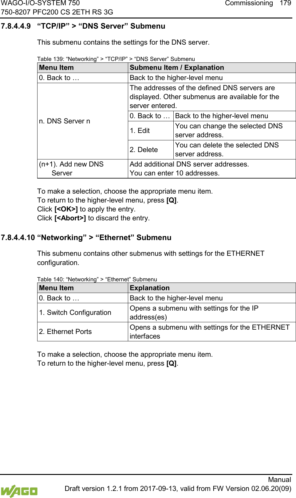 WAGO-I/O-SYSTEM 750 Commissioning 179 750-8207 PFC200 CS 2ETH RS 3G      Manual  Draft version 1.2.1 from 2017-09-13, valid from FW Version 02.06.20(09) 7.8.4.4.9 &ldquo;TCP/IP&rdquo; > &ldquo;DNS Server&rdquo; Submenu This submenu contains the settings for the DNS server. Table 139: &ldquo;Networking&rdquo; > &ldquo;TCP/IP&rdquo; > &ldquo;DNS Server&rdquo; Submenu Menu Item Submenu Item / Explanation 0. Back to &hellip; Back to the higher-level menu n. DNS Server n The addresses of the defined DNS servers are displayed. Other submenus are available for the server entered. 0. Back to &hellip; Back to the higher-level menu 1. Edit You can change the selected DNS server address. 2. Delete You can delete the selected DNS server address. (n+1). Add new DNS Server Add additional DNS server addresses.  You can enter 10 addresses.  To make a selection, choose the appropriate menu item. To return to the higher-level menu, press [Q].  Click [<OK>] to apply the entry.  Click [<Abort>] to discard the entry.  7.8.4.4.10 &ldquo;Networking&rdquo; > &ldquo;Ethernet&rdquo; Submenu This submenu contains other submenus with settings for the ETHERNET configuration. Table 140: &ldquo;Networking&rdquo; > &ldquo;Ethernet&rdquo; Submenu Menu Item Explanation 0. Back to &hellip; Back to the higher-level menu 1. Switch Configuration Opens a submenu with settings for the IP address(es) 2. Ethernet Ports Opens a submenu with settings for the ETHERNET interfaces  To make a selection, choose the appropriate menu item. To return to the higher-level menu, press [Q].    