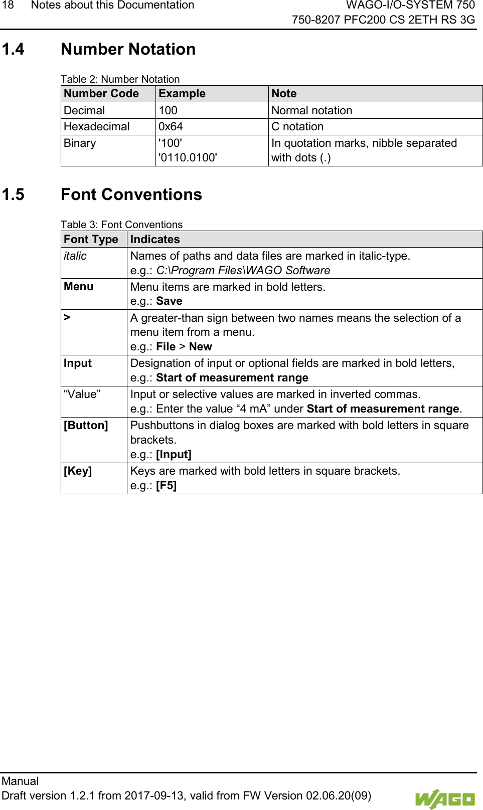 18 Notes about this Documentation WAGO-I/O-SYSTEM 750     750-8207 PFC200 CS 2ETH RS 3G Manual   Draft version 1.2.1 from 2017-09-13, valid from FW Version 02.06.20(09)    1.4  Number Notation  Table 2: Number Notation Number Code Example Note Decimal 100 Normal notation Hexadecimal 0x64 C notation Binary '100' '0110.0100' In quotation marks, nibble separated with dots (.)   1.5  Font Conventions  Table 3: Font Conventions Font Type Indicates italic Names of paths and data files are marked in italic-type.  e.g.: C:\Program Files\WAGO Software Menu Menu items are marked in bold letters.  e.g.: Save > A greater-than sign between two names means the selection of a menu item from a menu.  e.g.: File > New Input Designation of input or optional fields are marked in bold letters,  e.g.: Start of measurement range &ldquo;Value&rdquo; Input or selective values are marked in inverted commas.  e.g.: Enter the value &ldquo;4 mA&rdquo; under Start of measurement range. [Button] Pushbuttons in dialog boxes are marked with bold letters in square brackets.  e.g.: [Input] [Key] Keys are marked with bold letters in square brackets.  e.g.: [F5]      