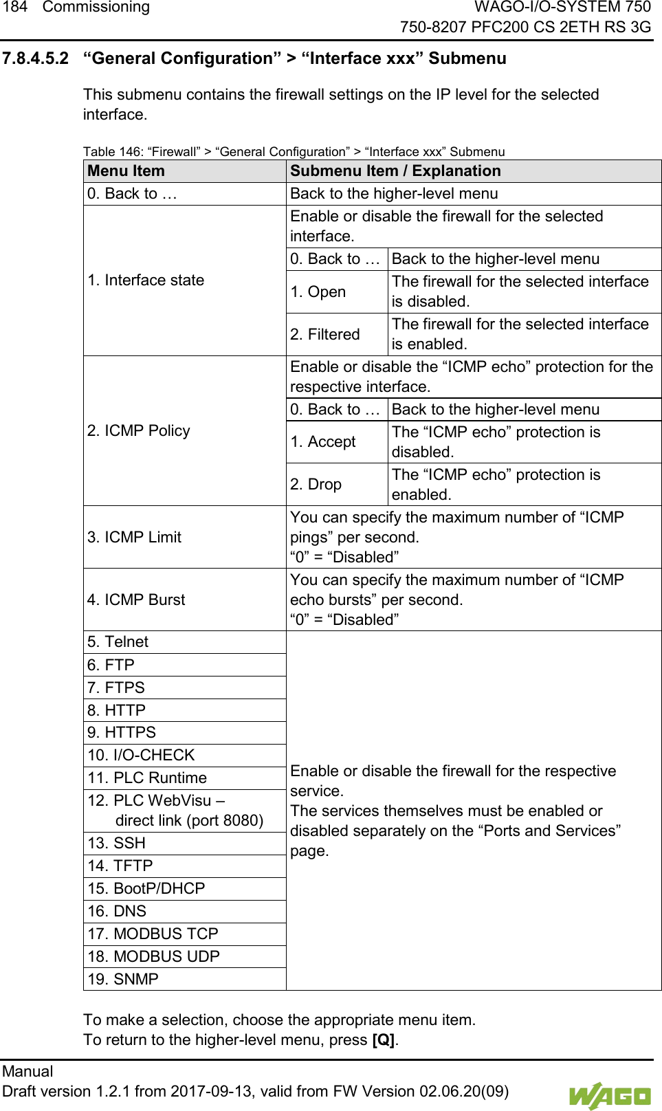 184 Commissioning WAGO-I/O-SYSTEM 750     750-8207 PFC200 CS 2ETH RS 3G Manual   Draft version 1.2.1 from 2017-09-13, valid from FW Version 02.06.20(09)   7.8.4.5.2 &ldquo;General Configuration&rdquo; > &ldquo;Interface xxx&rdquo; Submenu This submenu contains the firewall settings on the IP level for the selected interface. Table 146: &ldquo;Firewall&rdquo; > &ldquo;General Configuration&rdquo; > &ldquo;Interface xxx&rdquo; Submenu Menu Item Submenu Item / Explanation 0. Back to &hellip; Back to the higher-level menu 1. Interface state Enable or disable the firewall for the selected interface. 0. Back to &hellip; Back to the higher-level menu 1. Open The firewall for the selected interface is disabled. 2. Filtered The firewall for the selected interface is enabled. 2. ICMP Policy Enable or disable the &ldquo;ICMP echo&rdquo; protection for the respective interface. 0. Back to &hellip; Back to the higher-level menu 1. Accept The &ldquo;ICMP echo&rdquo; protection is disabled. 2. Drop The &ldquo;ICMP echo&rdquo; protection is enabled. 3. ICMP Limit You can specify the maximum number of &ldquo;ICMP pings&rdquo; per second.  &ldquo;0&rdquo; = &ldquo;Disabled&rdquo; 4. ICMP Burst You can specify the maximum number of &ldquo;ICMP echo bursts&rdquo; per second.  &ldquo;0&rdquo; = &ldquo;Disabled&rdquo; 5. Telnet Enable or disable the firewall for the respective service.  The services themselves must be enabled or disabled separately on the &ldquo;Ports and Services&rdquo; page. 6. FTP 7. FTPS 8. HTTP 9. HTTPS 10. I/O-CHECK 11. PLC Runtime 12. PLC WebVisu &ndash;  direct link (port 8080) 13. SSH 14. TFTP 15. BootP/DHCP 16. DNS 17. MODBUS TCP 18. MODBUS UDP 19. SNMP  To make a selection, choose the appropriate menu item. To return to the higher-level menu, press [Q].  