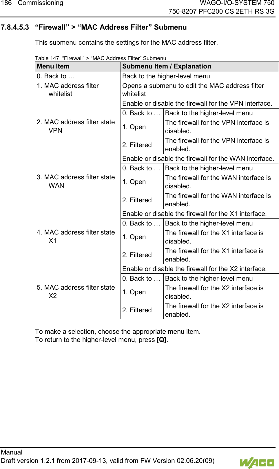 186 Commissioning WAGO-I/O-SYSTEM 750     750-8207 PFC200 CS 2ETH RS 3G Manual   Draft version 1.2.1 from 2017-09-13, valid from FW Version 02.06.20(09)     7.8.4.5.3 &ldquo;Firewall&rdquo; > &ldquo;MAC Address Filter&rdquo; Submenu This submenu contains the settings for the MAC address filter. Table 147: &ldquo;Firewall&rdquo; > &ldquo;MAC Address Filter&rdquo; Submenu Menu Item Submenu Item / Explanation 0. Back to &hellip; Back to the higher-level menu 1. MAC address filter whitelist Opens a submenu to edit the MAC address filter whitelist 2. MAC address filter state VPN Enable or disable the firewall for the VPN interface. 0. Back to &hellip; Back to the higher-level menu 1. Open The firewall for the VPN interface is disabled. 2. Filtered The firewall for the VPN interface is enabled. 3. MAC address filter state WAN Enable or disable the firewall for the WAN interface. 0. Back to &hellip; Back to the higher-level menu 1. Open The firewall for the WAN interface is disabled. 2. Filtered The firewall for the WAN interface is enabled. 4. MAC address filter state X1 Enable or disable the firewall for the X1 interface. 0. Back to &hellip; Back to the higher-level menu 1. Open The firewall for the X1 interface is disabled. 2. Filtered The firewall for the X1 interface is enabled. 5. MAC address filter state X2 Enable or disable the firewall for the X2 interface. 0. Back to &hellip; Back to the higher-level menu 1. Open The firewall for the X2 interface is disabled. 2. Filtered The firewall for the X2 interface is enabled.  To make a selection, choose the appropriate menu item. To return to the higher-level menu, press [Q].    