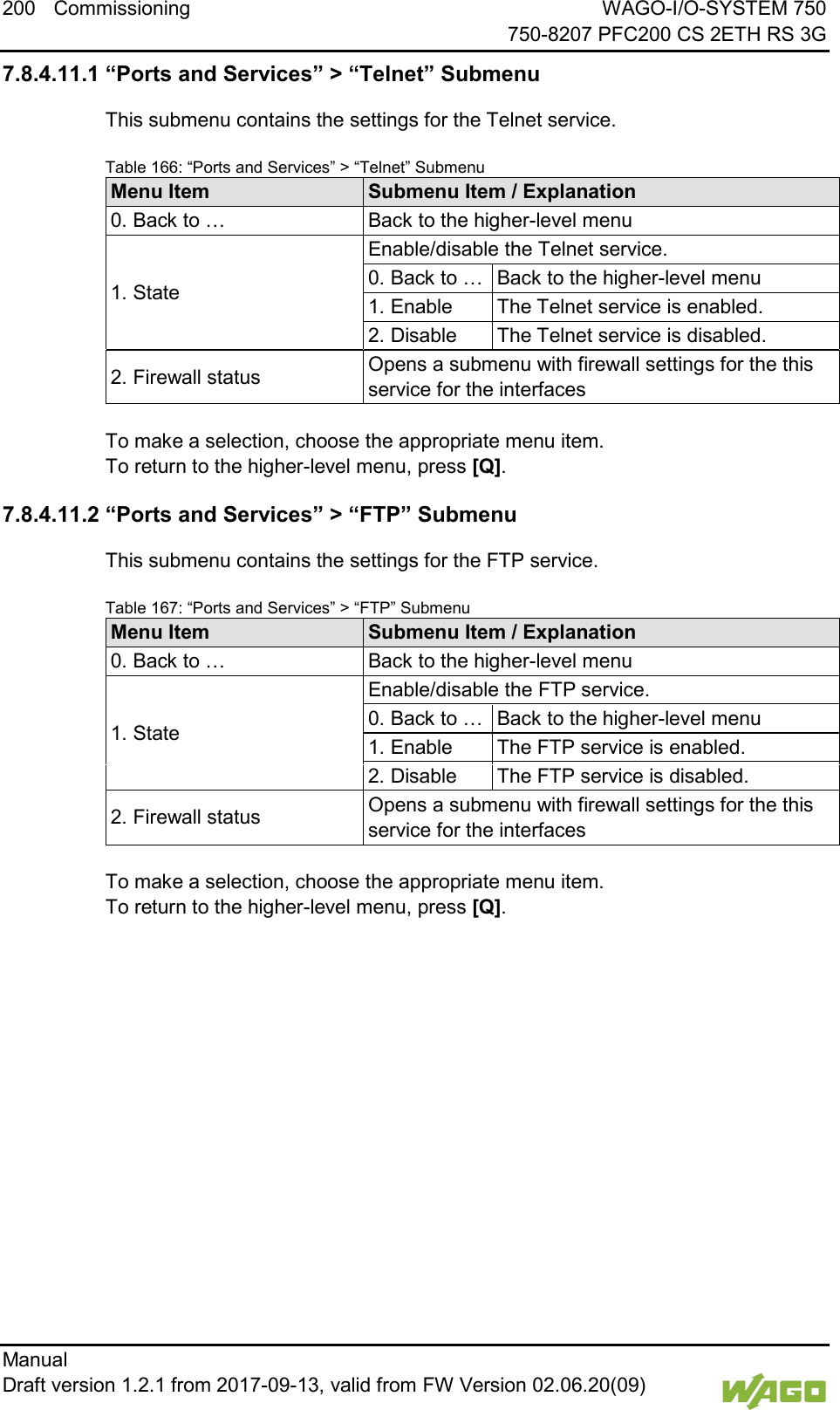 200 Commissioning WAGO-I/O-SYSTEM 750     750-8207 PFC200 CS 2ETH RS 3G Manual   Draft version 1.2.1 from 2017-09-13, valid from FW Version 02.06.20(09)   7.8.4.11.1 &ldquo;Ports and Services&rdquo; > &ldquo;Telnet&rdquo; Submenu This submenu contains the settings for the Telnet service. Table 166: &ldquo;Ports and Services&rdquo; > &ldquo;Telnet&rdquo; Submenu Menu Item Submenu Item / Explanation 0. Back to &hellip; Back to the higher-level menu 1. State Enable/disable the Telnet service. 0. Back to &hellip; Back to the higher-level menu 1. Enable The Telnet service is enabled. 2. Disable The Telnet service is disabled. 2. Firewall status Opens a submenu with firewall settings for the this service for the interfaces  To make a selection, choose the appropriate menu item. To return to the higher-level menu, press [Q]. 7.8.4.11.2 &ldquo;Ports and Services&rdquo; > &ldquo;FTP&rdquo; Submenu This submenu contains the settings for the FTP service. Table 167: &ldquo;Ports and Services&rdquo; > &ldquo;FTP&rdquo; Submenu Menu Item Submenu Item / Explanation 0. Back to &hellip; Back to the higher-level menu 1. State Enable/disable the FTP service. 0. Back to &hellip; Back to the higher-level menu 1. Enable The FTP service is enabled. 2. Disable The FTP service is disabled. 2. Firewall status Opens a submenu with firewall settings for the this service for the interfaces  To make a selection, choose the appropriate menu item. To return to the higher-level menu, press [Q].    