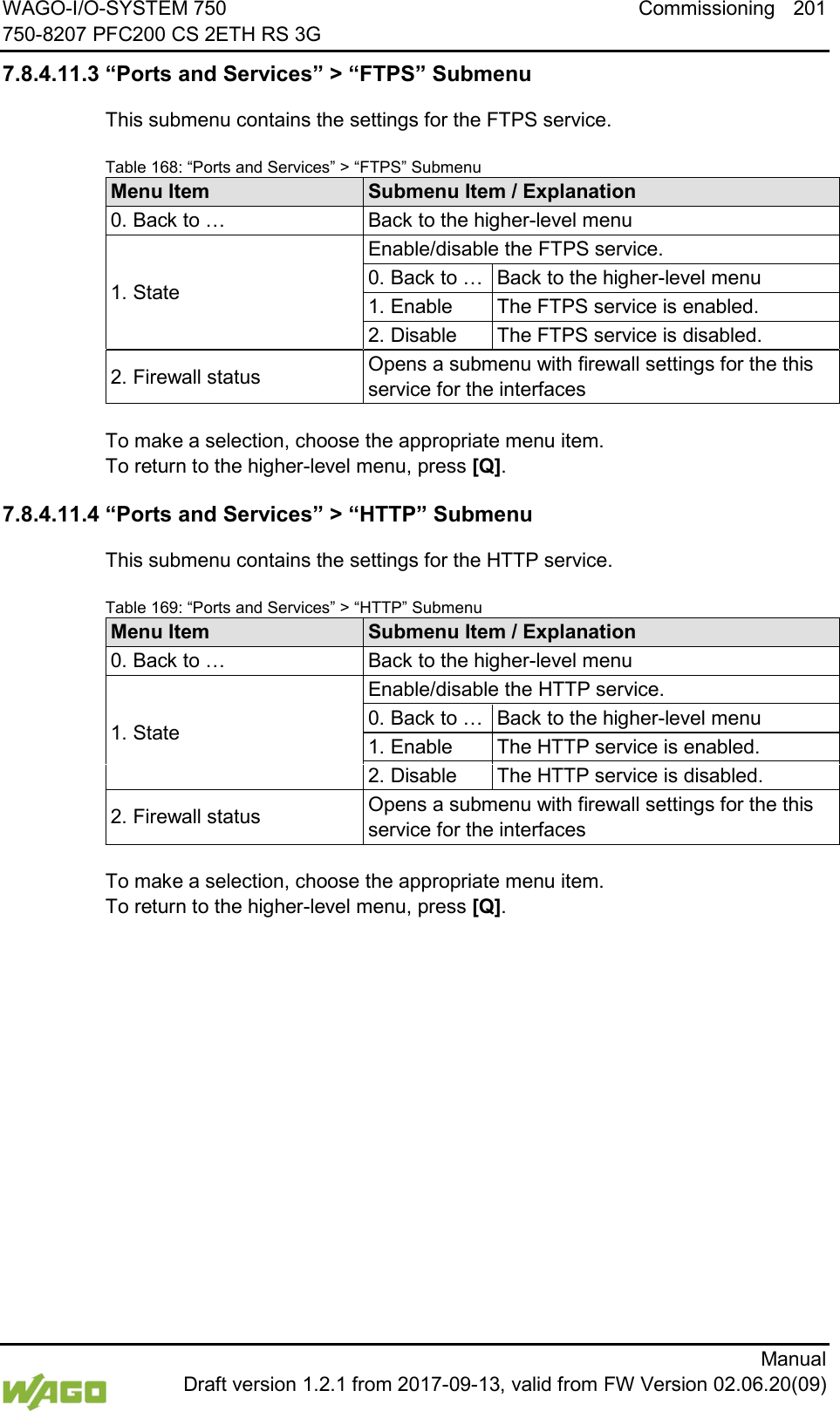 WAGO-I/O-SYSTEM 750 Commissioning 201 750-8207 PFC200 CS 2ETH RS 3G      Manual  Draft version 1.2.1 from 2017-09-13, valid from FW Version 02.06.20(09) 7.8.4.11.3 &ldquo;Ports and Services&rdquo; > &ldquo;FTPS&rdquo; Submenu This submenu contains the settings for the FTPS service. Table 168: &ldquo;Ports and Services&rdquo; > &ldquo;FTPS&rdquo; Submenu Menu Item Submenu Item / Explanation 0. Back to &hellip; Back to the higher-level menu 1. State Enable/disable the FTPS service. 0. Back to &hellip; Back to the higher-level menu 1. Enable The FTPS service is enabled. 2. Disable The FTPS service is disabled. 2. Firewall status Opens a submenu with firewall settings for the this service for the interfaces  To make a selection, choose the appropriate menu item. To return to the higher-level menu, press [Q]. 7.8.4.11.4 &ldquo;Ports and Services&rdquo; > &ldquo;HTTP&rdquo; Submenu This submenu contains the settings for the HTTP service. Table 169: &ldquo;Ports and Services&rdquo; > &ldquo;HTTP&rdquo; Submenu Menu Item Submenu Item / Explanation 0. Back to &hellip; Back to the higher-level menu 1. State Enable/disable the HTTP service. 0. Back to &hellip; Back to the higher-level menu 1. Enable The HTTP service is enabled. 2. Disable The HTTP service is disabled. 2. Firewall status Opens a submenu with firewall settings for the this service for the interfaces  To make a selection, choose the appropriate menu item. To return to the higher-level menu, press [Q].    