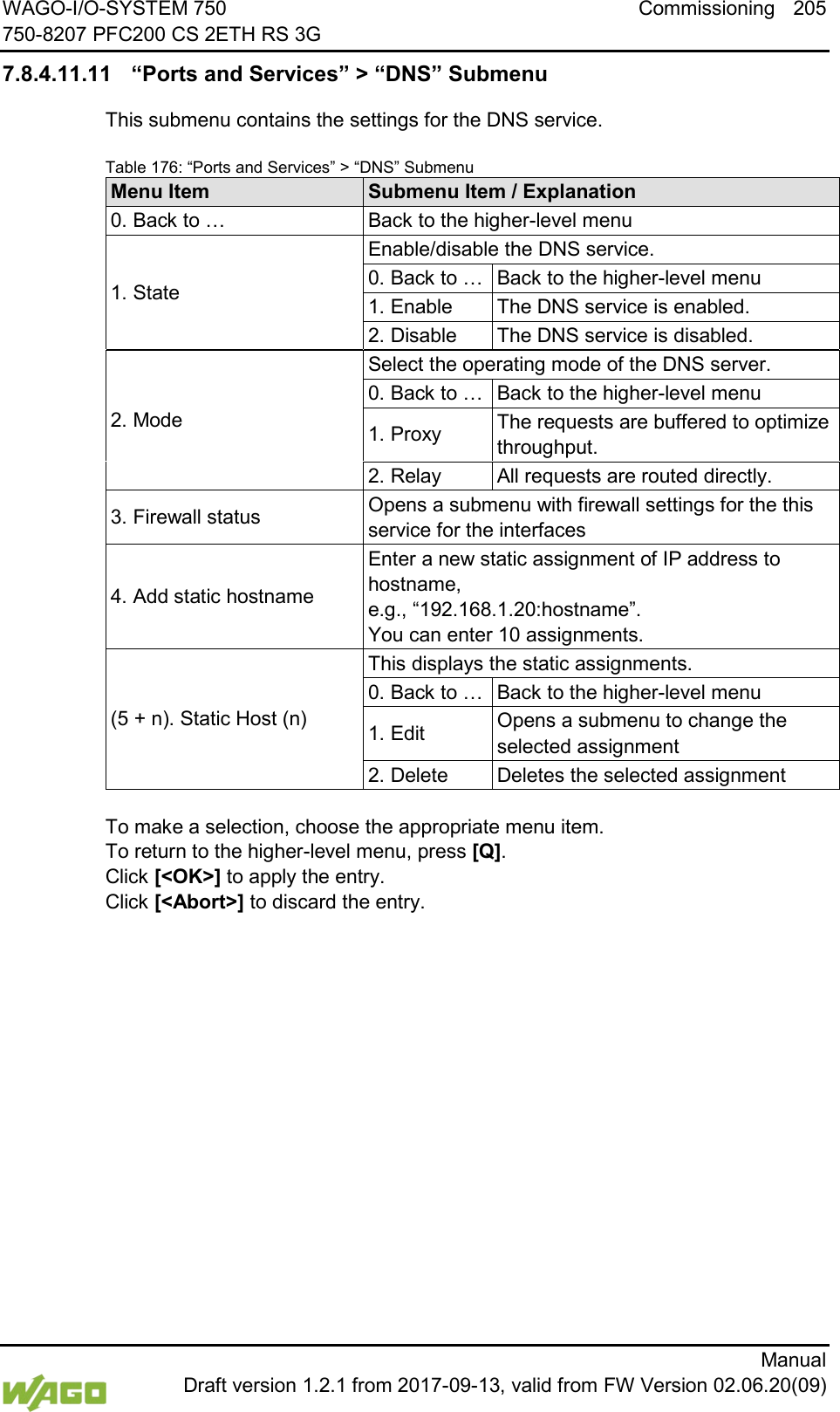 WAGO-I/O-SYSTEM 750 Commissioning 205 750-8207 PFC200 CS 2ETH RS 3G      Manual  Draft version 1.2.1 from 2017-09-13, valid from FW Version 02.06.20(09) 7.8.4.11.11 &ldquo;Ports and Services&rdquo; > &ldquo;DNS&rdquo; Submenu This submenu contains the settings for the DNS service. Table 176: &ldquo;Ports and Services&rdquo; > &ldquo;DNS&rdquo; Submenu Menu Item Submenu Item / Explanation 0. Back to &hellip; Back to the higher-level menu 1. State Enable/disable the DNS service. 0. Back to &hellip; Back to the higher-level menu 1. Enable The DNS service is enabled. 2. Disable The DNS service is disabled. 2. Mode Select the operating mode of the DNS server. 0. Back to &hellip; Back to the higher-level menu 1. Proxy The requests are buffered to optimize throughput. 2. Relay All requests are routed directly. 3. Firewall status Opens a submenu with firewall settings for the this service for the interfaces 4. Add static hostname Enter a new static assignment of IP address to hostname,  e.g., &ldquo;192.168.1.20:hostname&rdquo;.  You can enter 10 assignments. (5 + n). Static Host (n) This displays the static assignments. 0. Back to &hellip; Back to the higher-level menu 1. Edit Opens a submenu to change the selected assignment 2. Delete Deletes the selected assignment  To make a selection, choose the appropriate menu item. To return to the higher-level menu, press [Q].  Click [<OK>] to apply the entry.  Click [<Abort>] to discard the entry.    