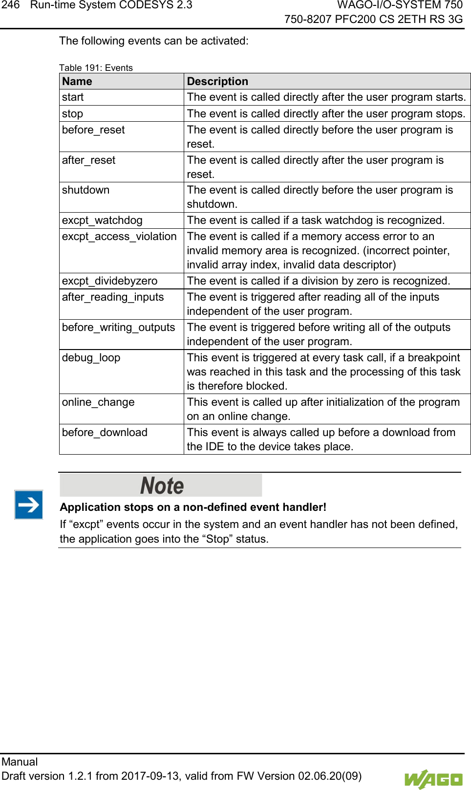 246 Run-time System CODESYS 2.3 WAGO-I/O-SYSTEM 750     750-8207 PFC200 CS 2ETH RS 3G Manual   Draft version 1.2.1 from 2017-09-13, valid from FW Version 02.06.20(09)   The following events can be activated: Table 191: Events Name Description start The event is called directly after the user program starts. stop The event is called directly after the user program stops. before_reset The event is called directly before the user program is reset. after_reset The event is called directly after the user program is reset. shutdown The event is called directly before the user program is shutdown. excpt_watchdog The event is called if a task watchdog is recognized. excpt_access_violation The event is called if a memory access error to an invalid memory area is recognized. (incorrect pointer, invalid array index, invalid data descriptor) excpt_dividebyzero The event is called if a division by zero is recognized. after_reading_inputs The event is triggered after reading all of the inputs independent of the user program. before_writing_outputs The event is triggered before writing all of the outputs independent of the user program. debug_loop This event is triggered at every task call, if a breakpoint was reached in this task and the processing of this task is therefore blocked. online_change This event is called up after initialization of the program on an online change. before_download This event is always called up before a download from the IDE to the device takes place.     Application stops on a non-defined event handler! If &ldquo;excpt&rdquo; events occur in the system and an event handler has not been defined, the application goes into the &ldquo;Stop&rdquo; status.     