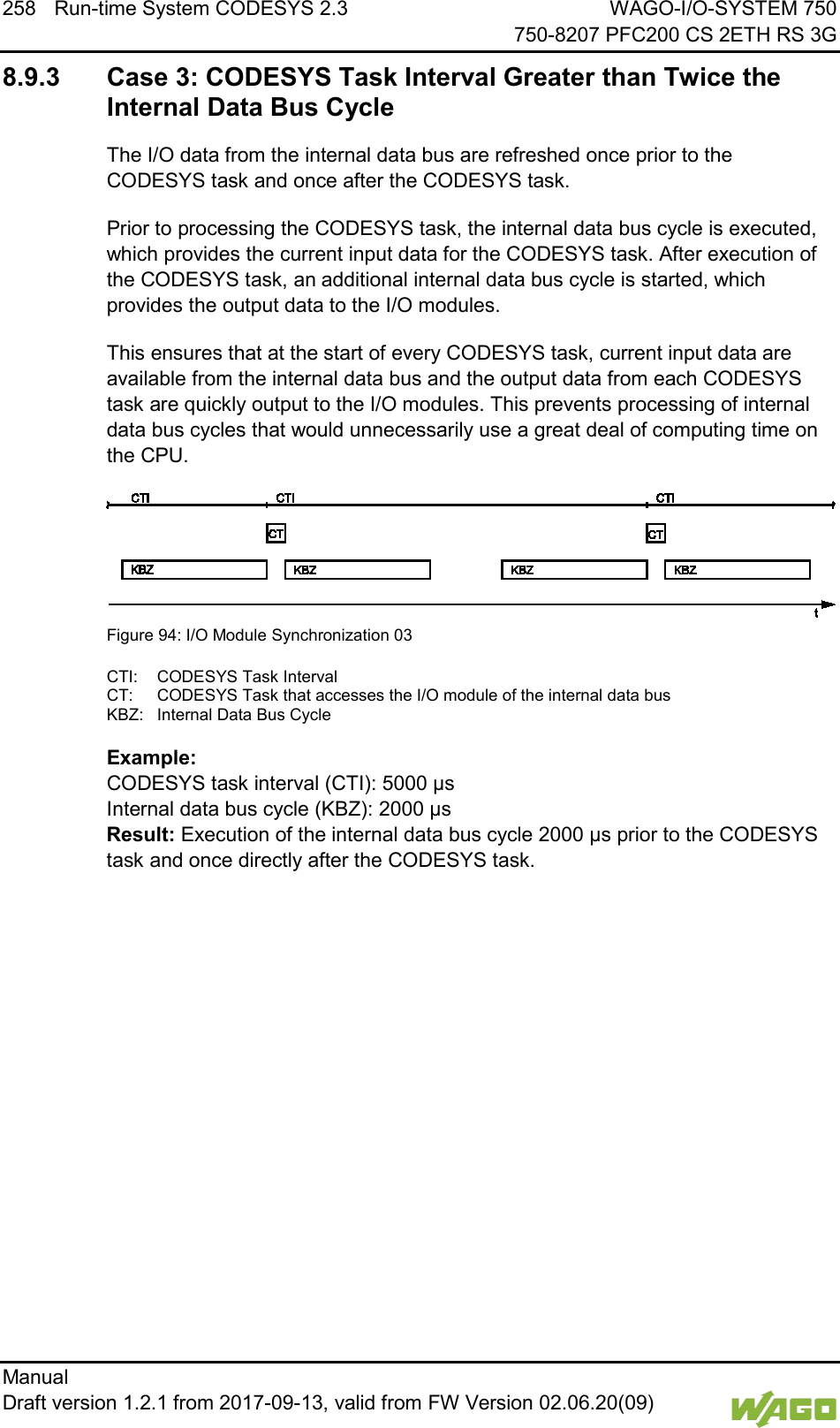 258 Run-time System CODESYS 2.3 WAGO-I/O-SYSTEM 750     750-8207 PFC200 CS 2ETH RS 3G Manual   Draft version 1.2.1 from 2017-09-13, valid from FW Version 02.06.20(09)   8.9.3 Case 3: CODESYS Task Interval Greater than Twice the Internal Data Bus Cycle The I/O data from the internal data bus are refreshed once prior to the CODESYS task and once after the CODESYS task. Prior to processing the CODESYS task, the internal data bus cycle is executed, which provides the current input data for the CODESYS task. After execution of the CODESYS task, an additional internal data bus cycle is started, which provides the output data to the I/O modules. This ensures that at the start of every CODESYS task, current input data are available from the internal data bus and the output data from each CODESYS task are quickly output to the I/O modules. This prevents processing of internal data bus cycles that would unnecessarily use a great deal of computing time on the CPU.  Figure 94: I/O Module Synchronization 03 CTI:  CODESYS Task Interval CT:  CODESYS Task that accesses the I/O module of the internal data bus KBZ:  Internal Data Bus Cycle Example: CODESYS task interval (CTI): 5000 &micro;s Internal data bus cycle (KBZ): 2000 &micro;s Result: Execution of the internal data bus cycle 2000 &micro;s prior to the CODESYS task and once directly after the CODESYS task.    