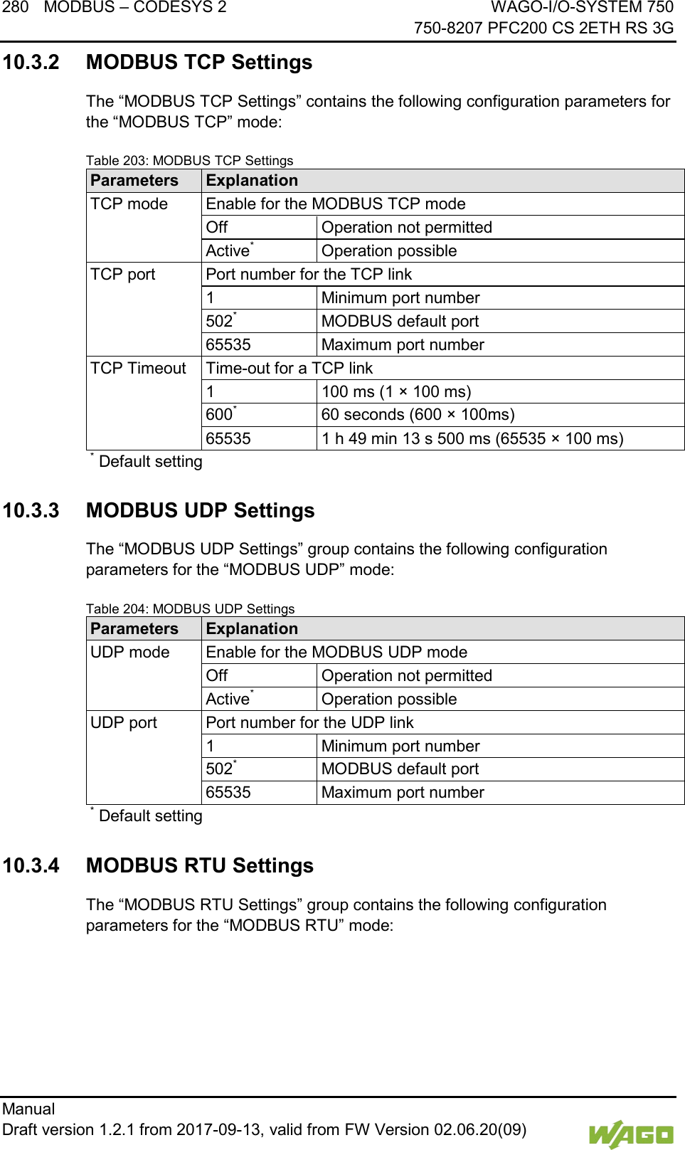 280 MODBUS &ndash; CODESYS 2 WAGO-I/O-SYSTEM 750     750-8207 PFC200 CS 2ETH RS 3G Manual   Draft version 1.2.1 from 2017-09-13, valid from FW Version 02.06.20(09)   10.3.2 MODBUS TCP Settings The &ldquo;MODBUS TCP Settings&rdquo; contains the following configuration parameters for the &ldquo;MODBUS TCP&rdquo; mode: Table 203: MODBUS TCP Settings Parameters Explanation TCP mode Enable for the MODBUS TCP mode Off Operation not permitted Active* Operation possible TCP port Port number for the TCP link 1 Minimum port number 502* MODBUS default port 65535 Maximum port number TCP Timeout Time-out for a TCP link 1 100 ms (1 &times; 100 ms) 600* 60 seconds (600 &times; 100ms) 65535 1 h 49 min 13 s 500 ms (65535 &times; 100 ms) * Default setting   10.3.3 MODBUS UDP Settings The &ldquo;MODBUS UDP Settings&rdquo; group contains the following configuration parameters for the &ldquo;MODBUS UDP&rdquo; mode: Table 204: MODBUS UDP Settings Parameters Explanation UDP mode Enable for the MODBUS UDP mode Off Operation not permitted Active* Operation possible UDP port Port number for the UDP link 1 Minimum port number 502* MODBUS default port 65535 Maximum port number * Default setting     10.3.4 MODBUS RTU Settings The &ldquo;MODBUS RTU Settings&rdquo; group contains the following configuration parameters for the &ldquo;MODBUS RTU&rdquo; mode: 