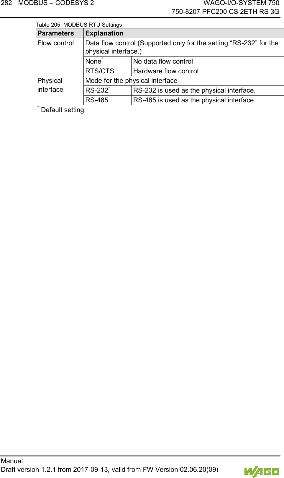 282 MODBUS &ndash; CODESYS 2 WAGO-I/O-SYSTEM 750     750-8207 PFC200 CS 2ETH RS 3G Manual   Draft version 1.2.1 from 2017-09-13, valid from FW Version 02.06.20(09)   Table 205: MODBUS RTU Settings Parameters Explanation Flow control Data flow control (Supported only for the setting &ldquo;RS-232&rdquo; for the physical interface.) None* No data flow control RTS/CTS Hardware flow control Physical interface Mode for the physical interface RS-232* RS-232 is used as the physical interface. RS-485 RS-485 is used as the physical interface. * Default setting       