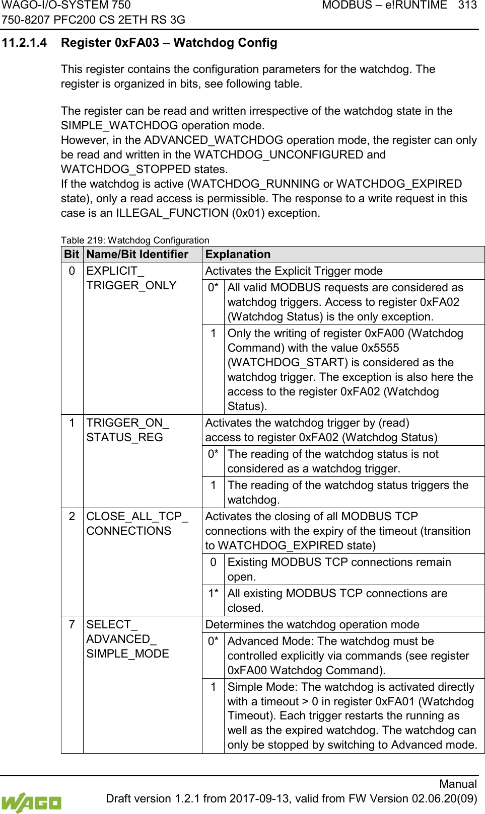 WAGO-I/O-SYSTEM 750 MODBUS &ndash; e!RUNTIME 313 750-8207 PFC200 CS 2ETH RS 3G      Manual  Draft version 1.2.1 from 2017-09-13, valid from FW Version 02.06.20(09) 11.2.1.4 Register 0xFA03 &ndash; Watchdog Config This register contains the configuration parameters for the watchdog. The register is organized in bits, see following table. The register can be read and written irrespective of the watchdog state in the SIMPLE_WATCHDOG operation mode.  However, in the ADVANCED_WATCHDOG operation mode, the register can only be read and written in the WATCHDOG_UNCONFIGURED and WATCHDOG_STOPPED states.  If the watchdog is active (WATCHDOG_RUNNING or WATCHDOG_EXPIRED state), only a read access is permissible. The response to a write request in this case is an ILLEGAL_FUNCTION (0x01) exception. Table 219: Watchdog Configuration Bit Name/Bit Identifier Explanation 0 EXPLICIT_ TRIGGER_ONLY Activates the Explicit Trigger mode 0* All valid MODBUS requests are considered as watchdog triggers. Access to register 0xFA02 (Watchdog Status) is the only exception. 1 Only the writing of register 0xFA00 (Watchdog Command) with the value 0x5555 (WATCHDOG_START) is considered as the watchdog trigger. The exception is also here the access to the register 0xFA02 (Watchdog Status). 1 TRIGGER_ON_ STATUS_REG Activates the watchdog trigger by (read) access to register 0xFA02 (Watchdog Status) 0* The reading of the watchdog status is not considered as a watchdog trigger. 1 The reading of the watchdog status triggers the watchdog. 2 CLOSE_ALL_TCP_ CONNECTIONS Activates the closing of all MODBUS TCP connections with the expiry of the timeout (transition to WATCHDOG_EXPIRED state) 0 Existing MODBUS TCP connections remain open. 1* All existing MODBUS TCP connections are closed. 7 SELECT_ ADVANCED_ SIMPLE_MODE Determines the watchdog operation mode 0* Advanced Mode: The watchdog must be controlled explicitly via commands (see register 0xFA00 Watchdog Command). 1 Simple Mode: The watchdog is activated directly with a timeout > 0 in register 0xFA01 (Watchdog Timeout). Each trigger restarts the running as well as the expired watchdog. The watchdog can only be stopped by switching to Advanced mode. 