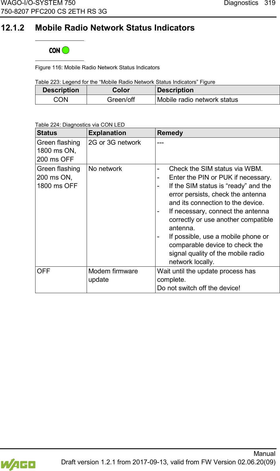 WAGO-I/O-SYSTEM 750 Diagnostics 319 750-8207 PFC200 CS 2ETH RS 3G      Manual  Draft version 1.2.1 from 2017-09-13, valid from FW Version 02.06.20(09)   12.1.2  Mobile Radio Network Status Indicators  Figure 116: Mobile Radio Network Status Indicators Table 223: Legend for the &ldquo;Mobile Radio Network Status Indicators&rdquo; Figure Description Color Description CON Green/off Mobile radio network status   Table 224: Diagnostics via CON LED Status Explanation Remedy Green flashing  1800 ms ON, 200 ms OFF 2G or 3G network --- Green flashing  200 ms ON, 1800 ms OFF No network -  Check the SIM status via WBM. -  Enter the PIN or PUK if necessary. -  If the SIM status is &ldquo;ready&rdquo; and the error persists, check the antenna and its connection to the device. -  If necessary, connect the antenna correctly or use another compatible antenna. -  If possible, use a mobile phone or comparable device to check the signal quality of the mobile radio network locally. OFF Modem firmware update Wait until the update process has complete.  Do not switch off the device!      