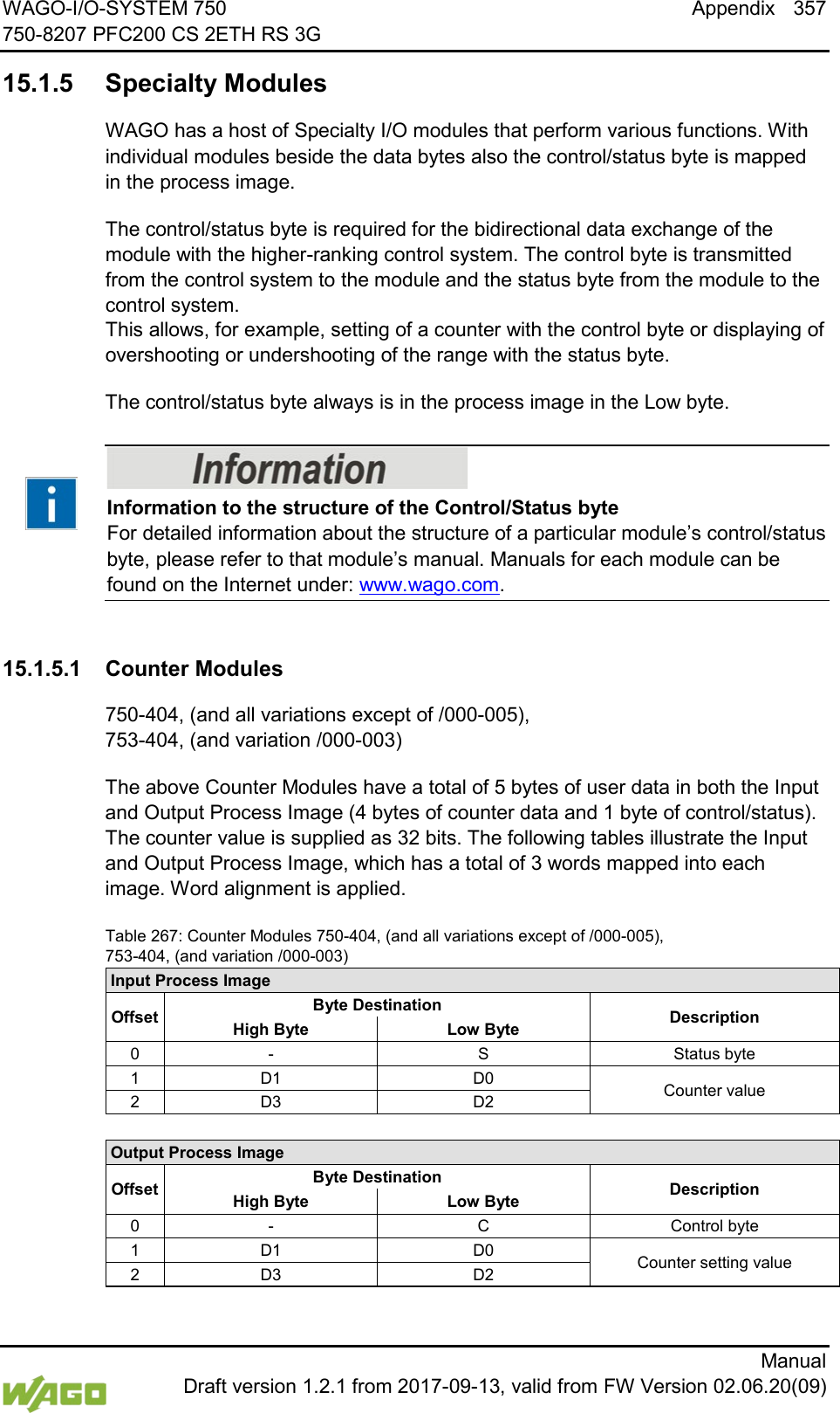 WAGO-I/O-SYSTEM 750 Appendix 357 750-8207 PFC200 CS 2ETH RS 3G      Manual  Draft version 1.2.1 from 2017-09-13, valid from FW Version 02.06.20(09)  15.1.5 Specialty Modules WAGO has a host of Specialty I/O modules that perform various functions. With individual modules beside the data bytes also the control/status byte is mapped in the process image. The control/status byte is required for the bidirectional data exchange of the module with the higher-ranking control system. The control byte is transmitted from the control system to the module and the status byte from the module to the control system. This allows, for example, setting of a counter with the control byte or displaying of overshooting or undershooting of the range with the status byte. The control/status byte always is in the process image in the Low byte.     Information to the structure of the Control/Status byte For detailed information about the structure of a particular module&rsquo;s control/status byte, please refer to that module&rsquo;s manual. Manuals for each module can be found on the Internet under: www.wago.com.    15.1.5.1 Counter Modules 750-404, (and all variations except of /000-005), 753-404, (and variation /000-003) The above Counter Modules have a total of 5 bytes of user data in both the Input and Output Process Image (4 bytes of counter data and 1 byte of control/status). The counter value is supplied as 32 bits. The following tables illustrate the Input and Output Process Image, which has a total of 3 words mapped into each image. Word alignment is applied. Table 267: Counter Modules 750-404, (and all variations except of /000-005),  753-404, (and variation /000-003) Input Process Image Offset Byte Destination Description High Byte  Low Byte 0 - S Status byte 1 D1 D0 Counter value 2 D3 D2  Output Process Image Offset Byte Destination Description High Byte  Low Byte 0 - C Control byte 1 D1 D0 Counter setting value 2 D3 D2   