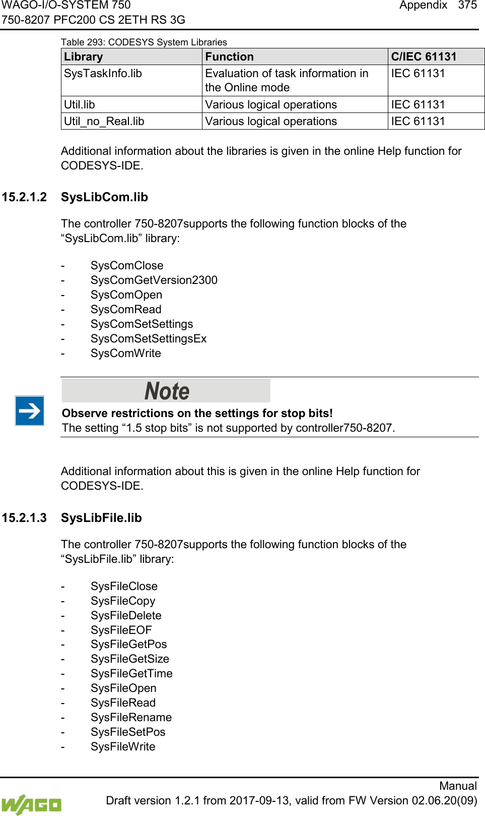 WAGO-I/O-SYSTEM 750 Appendix 375 750-8207 PFC200 CS 2ETH RS 3G      Manual  Draft version 1.2.1 from 2017-09-13, valid from FW Version 02.06.20(09) Table 293: CODESYS System Libraries Library Function C/IEC 61131 SysTaskInfo.lib Evaluation of task information in the Online mode IEC 61131 Util.lib Various logical operations IEC 61131 Util_no_Real.lib Various logical operations IEC 61131  Additional information about the libraries is given in the online Help function for CODESYS-IDE. </dg_  15.2.1.2 SysLibCom.lib The controller 750-8207supports the following function blocks of the &ldquo;SysLibCom.lib&rdquo; library: -  SysComClose -  SysComGetVersion2300 -  SysComOpen -  SysComRead -  SysComSetSettings -  SysComSetSettingsEx -  SysComWrite    Observe restrictions on the settings for stop bits! The setting &ldquo;1.5 stop bits&rdquo; is not supported by controller750-8207.  Additional information about this is given in the online Help function for CODESYS-IDE.   15.2.1.3 SysLibFile.lib The controller 750-8207supports the following function blocks of the &ldquo;SysLibFile.lib&rdquo; library: -  SysFileClose -  SysFileCopy -  SysFileDelete -  SysFileEOF -  SysFileGetPos -  SysFileGetSize -  SysFileGetTime -  SysFileOpen -  SysFileRead -  SysFileRename -  SysFileSetPos -  SysFileWrite 