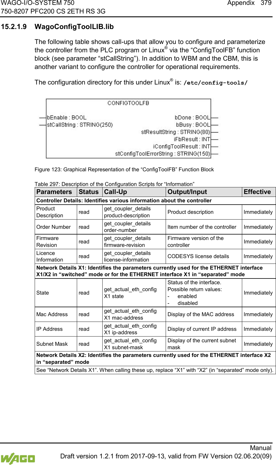 WAGO-I/O-SYSTEM 750 Appendix 379 750-8207 PFC200 CS 2ETH RS 3G      Manual  Draft version 1.2.1 from 2017-09-13, valid from FW Version 02.06.20(09)   15.2.1.9 WagoConfigToolLIB.lib The following table shows call-ups that allow you to configure and parameterize the controller from the PLC program or Linux&reg; via the &ldquo;ConfigToolFB&rdquo; function block (see parameter &ldquo;stCallString&rdquo;). In addition to WBM and the CBM, this is another variant to configure the controller for operational requirements. The configuration directory for this under Linux&reg; is: /etc/config-tools/  Figure 123: Graphical Representation of the &ldquo;ConfigToolFB&rdquo; Function Block   Table 297: Description of the Configuration Scripts for &ldquo;Information&rdquo; Parameters Status Call-Up Output/Input Effective Controller Details: Identifies various information about the controller Product Description read get_coupler_details product-description Product description Immediately Order Number read get_coupler_details order-number Item number of the controller Immediately Firmware Revision read get_coupler_details firmware-revision Firmware version of the controller Immediately Licence Information read get_coupler_details license-information CODESYS license details Immediately Network Details X1: Identifies the parameters currently used for the ETHERNET interface X1/X2 in &ldquo;switched&rdquo; mode or for the ETHERNET interface X1 in &ldquo;separated&rdquo; mode State read get_actual_eth_config X1 state Status of the interface.  Possible return values: -  enabled -  disabled Immediately Mac Address read get_actual_eth_config X1 mac-address Display of the MAC address Immediately IP Address read get_actual_eth_config X1 ip-address Display of current IP address Immediately Subnet Mask read get_actual_eth_config X1 subnet-mask Display of the current subnet mask Immediately Network Details X2: Identifies the parameters currently used for the ETHERNET interface X2 in &ldquo;separated&rdquo; mode See &ldquo;Network Details X1&rdquo;. When calling these up, replace &ldquo;X1&rdquo; with &ldquo;X2&rdquo; (in &ldquo;separated&rdquo; mode only).  </dg_  