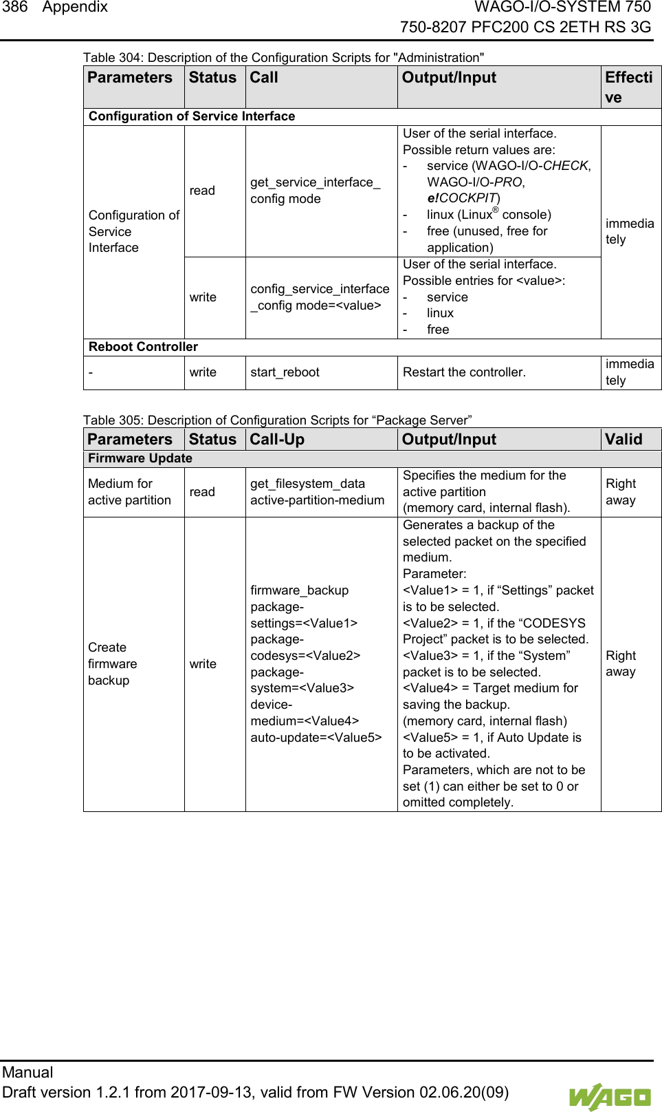 386 Appendix WAGO-I/O-SYSTEM 750     750-8207 PFC200 CS 2ETH RS 3G Manual   Draft version 1.2.1 from 2017-09-13, valid from FW Version 02.06.20(09)   Table 304: Description of the Configuration Scripts for "Administration" Parameters Status Call Output/Input Effective Configuration of Service Interface Configuration of Service Interface read get_service_interface_ config mode User of the serial interface.  Possible return values are: -  service (WAGO-I/O-CHECK, WAGO-I/O-PRO, e!COCKPIT) -  linux (Linux&reg; console) -  free (unused, free for application) immediately write config_service_interface_config mode=<value> User of the serial interface.  Possible entries for <value>: -  service -  linux -  free Reboot Controller -  write start_reboot Restart the controller. immediately  </dg_  Table 305: Description of Configuration Scripts for &ldquo;Package Server&rdquo; Parameters Status Call-Up Output/Input Valid Firmware Update Medium for active partition read get_filesystem_data active-partition-medium Specifies the medium for the active partition (memory card, internal flash). Right away Create firmware backup write firmware_backup package-settings=<Value1> package-codesys=<Value2> package-system=<Value3> device-medium=<Value4> auto-update=<Value5> Generates a backup of the selected packet on the specified medium.  Parameter: <Value1> = 1, if &ldquo;Settings&rdquo; packet is to be selected.  <Value2> = 1, if the &ldquo;CODESYS Project&rdquo; packet is to be selected.  <Value3> = 1, if the &ldquo;System&rdquo; packet is to be selected.  <Value4> = Target medium for saving the backup.  (memory card, internal flash) <Value5> = 1, if Auto Update is to be activated.  Parameters, which are not to be set (1) can either be set to 0 or omitted completely. Right away  </dg_  