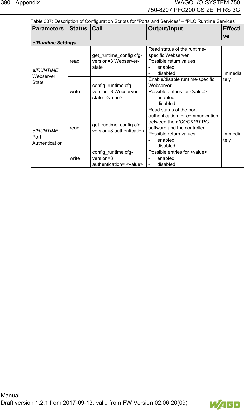 390 Appendix WAGO-I/O-SYSTEM 750     750-8207 PFC200 CS 2ETH RS 3G Manual   Draft version 1.2.1 from 2017-09-13, valid from FW Version 02.06.20(09)   Table 307: Description of Configuration Scripts for &ldquo;Ports and Services&rdquo; &ndash; &ldquo;PLC Runtime Services&rdquo; Parameters Status Call Output/Input Effective e!Runtime Settings e!RUNTIME Webserver State read get_runtime_config cfg-version=3 Webserver-state Read status of the runtime-specific Webserver Possible return values -  enabled -  disabled Immediately write config_runtime cfg-version=3 Webserver-state=<value> Enable/disable runtime-specific Webserver Possible entries for <value>: -  enabled -  disabled e!RUNTIME Port Authentication read get_runtime_config cfg-version=3 authentication Read status of the port authentication for communication between the e!COCKPIT PC software and the controller Possible return values: -  enabled -  disabled Immediately write config_runtime cfg-version=3 authentication= <value> Possible entries for <value>: -  enabled -  disabled  </dg_  