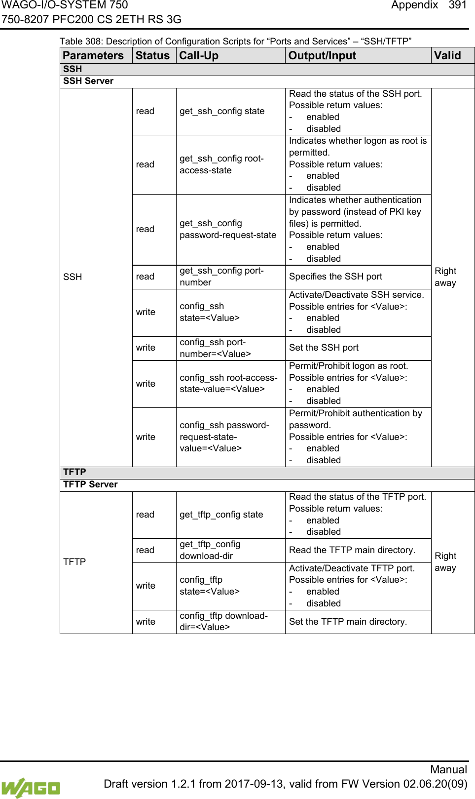 WAGO-I/O-SYSTEM 750 Appendix 391 750-8207 PFC200 CS 2ETH RS 3G      Manual  Draft version 1.2.1 from 2017-09-13, valid from FW Version 02.06.20(09) Table 308: Description of Configuration Scripts for &ldquo;Ports and Services&rdquo; &ndash; &ldquo;SSH/TFTP&rdquo; Parameters Status Call-Up Output/Input Valid SSH SSH Server SSH read get_ssh_config state Read the status of the SSH port.  Possible return values: -  enabled -  disabled Right away read get_ssh_config root-access-state Indicates whether logon as root is permitted.  Possible return values: -  enabled -  disabled read get_ssh_config password-request-state Indicates whether authentication by password (instead of PKI key files) is permitted.  Possible return values: -  enabled -  disabled read get_ssh_config port-number Specifies the SSH port write config_ssh state=<Value> Activate/Deactivate SSH service.  Possible entries for <Value>: -  enabled -  disabled write config_ssh port-number=<Value> Set the SSH port write config_ssh root-access-state-value=<Value> Permit/Prohibit logon as root.  Possible entries for <Value>: -  enabled -  disabled write config_ssh password-request-state-value=<Value> Permit/Prohibit authentication by password.  Possible entries for <Value>: -  enabled -  disabled TFTP TFTP Server TFTP read get_tftp_config state Read the status of the TFTP port.  Possible return values: -  enabled -  disabled Right away read get_tftp_config download-dir Read the TFTP main directory. write config_tftp state=<Value> Activate/Deactivate TFTP port.  Possible entries for <Value>: -  enabled -  disabled write config_tftp download-dir=<Value> Set the TFTP main directory.  < 