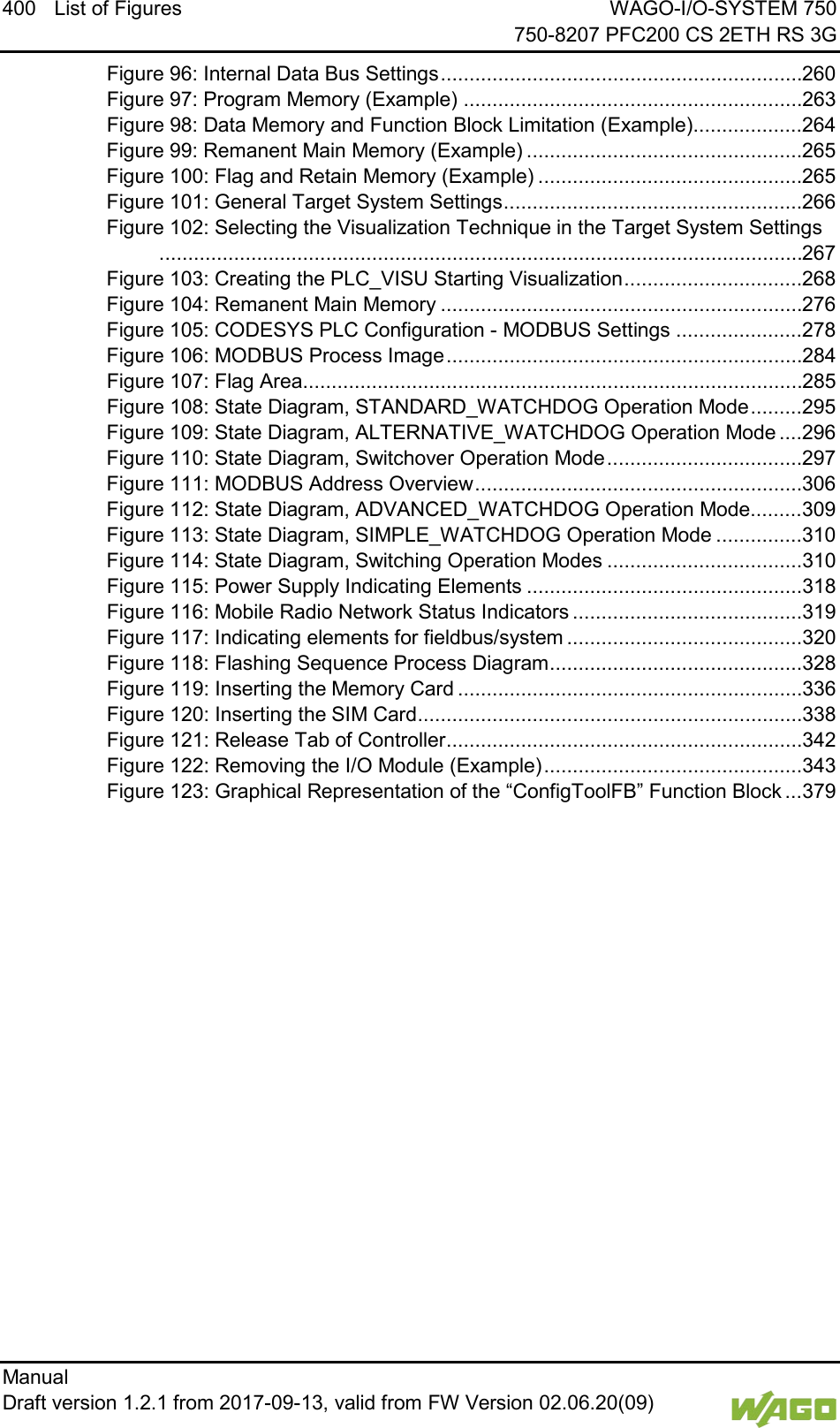 400 List of Figures WAGO-I/O-SYSTEM 750     750-8207 PFC200 CS 2ETH RS 3G Manual   Draft version 1.2.1 from 2017-09-13, valid from FW Version 02.06.20(09)   Figure 96: Internal Data Bus Settings ............................................................... 260 Figure 97: Program Memory (Example) ........................................................... 263 Figure 98: Data Memory and Function Block Limitation (Example)................... 264 Figure 99: Remanent Main Memory (Example) ................................................ 265 Figure 100: Flag and Retain Memory (Example) .............................................. 265 Figure 101: General Target System Settings .................................................... 266 Figure 102: Selecting the Visualization Technique in the Target System Settings................................................................................................................ 267 Figure 103: Creating the PLC_VISU Starting Visualization ............................... 268 Figure 104: Remanent Main Memory ............................................................... 276 Figure 105: CODESYS PLC Configuration - MODBUS Settings ...................... 278 Figure 106: MODBUS Process Image .............................................................. 284 Figure 107: Flag Area....................................................................................... 285 Figure 108: State Diagram, STANDARD_WATCHDOG Operation Mode ......... 295 Figure 109: State Diagram, ALTERNATIVE_WATCHDOG Operation Mode .... 296 Figure 110: State Diagram, Switchover Operation Mode .................................. 297 Figure 111: MODBUS Address Overview ......................................................... 306 Figure 112: State Diagram, ADVANCED_WATCHDOG Operation Mode......... 309 Figure 113: State Diagram, SIMPLE_WATCHDOG Operation Mode ............... 310 Figure 114: State Diagram, Switching Operation Modes .................................. 310 Figure 115: Power Supply Indicating Elements ................................................ 318 Figure 116: Mobile Radio Network Status Indicators ........................................ 319 Figure 117: Indicating elements for fieldbus/system ......................................... 320 Figure 118: Flashing Sequence Process Diagram ............................................ 328 Figure 119: Inserting the Memory Card ............................................................ 336 Figure 120: Inserting the SIM Card ................................................................... 338 Figure 121: Release Tab of Controller .............................................................. 342 Figure 122: Removing the I/O Module (Example) ............................................. 343 Figure 123: Graphical Representation of the &ldquo;ConfigToolFB&rdquo; Function Block ... 379      