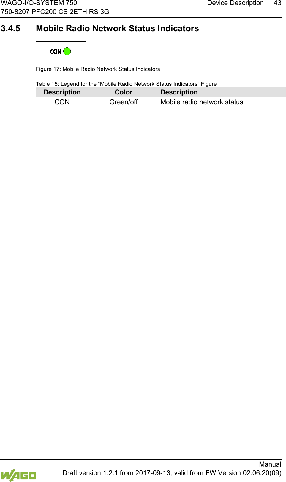 WAGO-I/O-SYSTEM 750 Device Description 43 750-8207 PFC200 CS 2ETH RS 3G      Manual  Draft version 1.2.1 from 2017-09-13, valid from FW Version 02.06.20(09)   3.4.5  Mobile Radio Network Status Indicators  Figure 17: Mobile Radio Network Status Indicators Table 15: Legend for the &ldquo;Mobile Radio Network Status Indicators&rdquo; Figure Description Color Description CON Green/off Mobile radio network status      