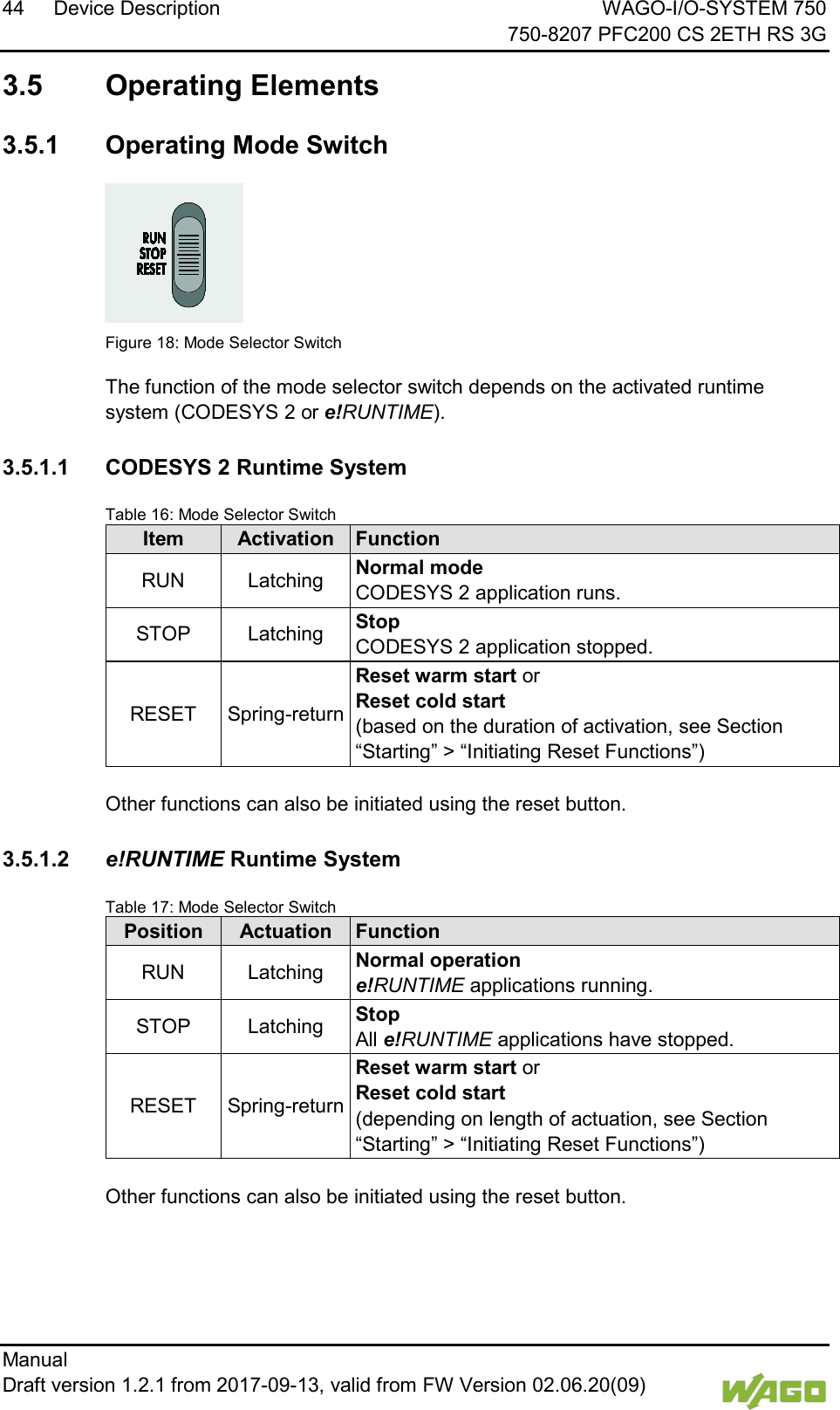 44 Device Description WAGO-I/O-SYSTEM 750     750-8207 PFC200 CS 2ETH RS 3G Manual   Draft version 1.2.1 from 2017-09-13, valid from FW Version 02.06.20(09)    3.5  Operating Elements  3.5.1 Operating Mode Switch    Figure 18: Mode Selector Switch  The function of the mode selector switch depends on the activated runtime system (CODESYS 2 or e!RUNTIME).  3.5.1.1 CODESYS 2 Runtime System </dg_  Table 16: Mode Selector Switch Item Activation Function RUN Latching Normal mode  CODESYS 2 application runs. STOP Latching Stop  CODESYS 2 application stopped. RESET Spring-return Reset warm start or  Reset cold start  (based on the duration of activation, see Section &ldquo;Starting&rdquo; > &ldquo;Initiating Reset Functions&rdquo;)  </dg_  Other functions can also be initiated using the reset button.  3.5.1.2 e!RUNTIME Runtime System </dg_  Table 17: Mode Selector Switch Position Actuation Function RUN Latching Normal operation e!RUNTIME applications running. STOP Latching Stop  All e!RUNTIME applications have stopped. RESET Spring-return Reset warm start or  Reset cold start  (depending on length of actuation, see Section &ldquo;Starting&rdquo; > &ldquo;Initiating Reset Functions&rdquo;)  </dg_  Other functions can also be initiated using the reset button.     
