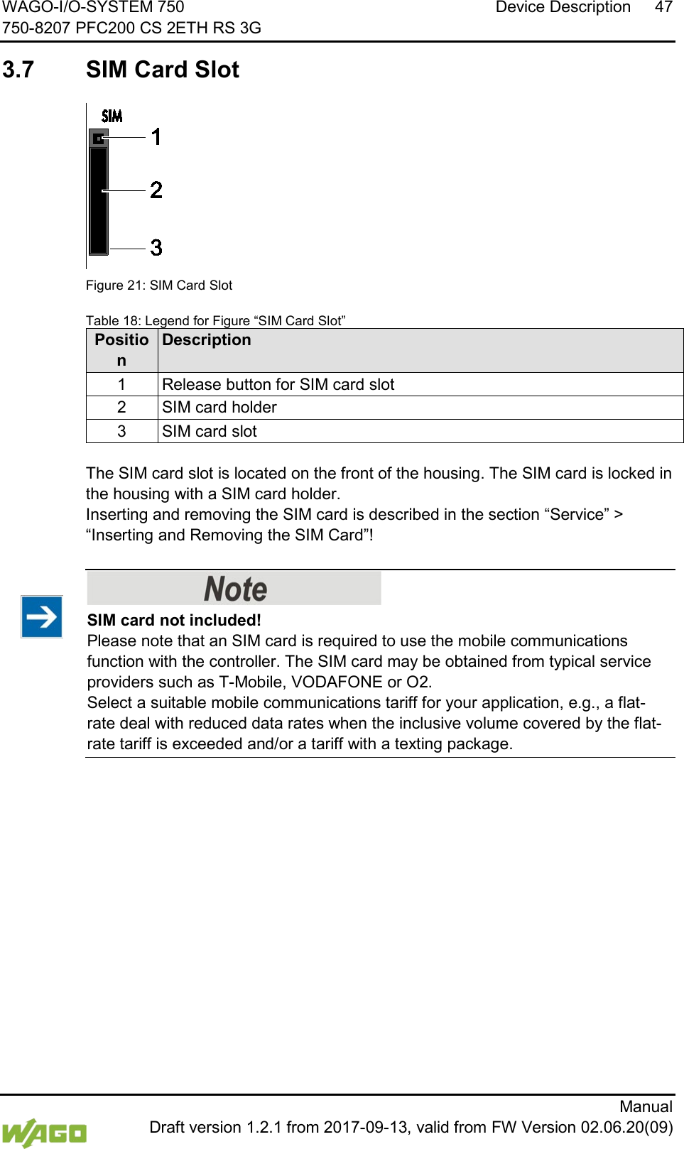 WAGO-I/O-SYSTEM 750 Device Description 47 750-8207 PFC200 CS 2ETH RS 3G      Manual  Draft version 1.2.1 from 2017-09-13, valid from FW Version 02.06.20(09)  3.7  SIM Card Slot   Figure 21: SIM Card Slot Table 18: Legend for Figure &ldquo;SIM Card Slot&rdquo; Position Description 1 Release button for SIM card slot 2 SIM card holder 3 SIM card slot  The SIM card slot is located on the front of the housing. The SIM card is locked in the housing with a SIM card holder.  Inserting and removing the SIM card is described in the section &ldquo;Service&rdquo; > &ldquo;Inserting and Removing the SIM Card&rdquo;!     SIM card not included! Please note that an SIM card is required to use the mobile communications function with the controller. The SIM card may be obtained from typical service providers such as T-Mobile, VODAFONE or O2. Select a suitable mobile communications tariff for your application, e.g., a flat-rate deal with reduced data rates when the inclusive volume covered by the flat-rate tariff is exceeded and/or a tariff with a texting package.      